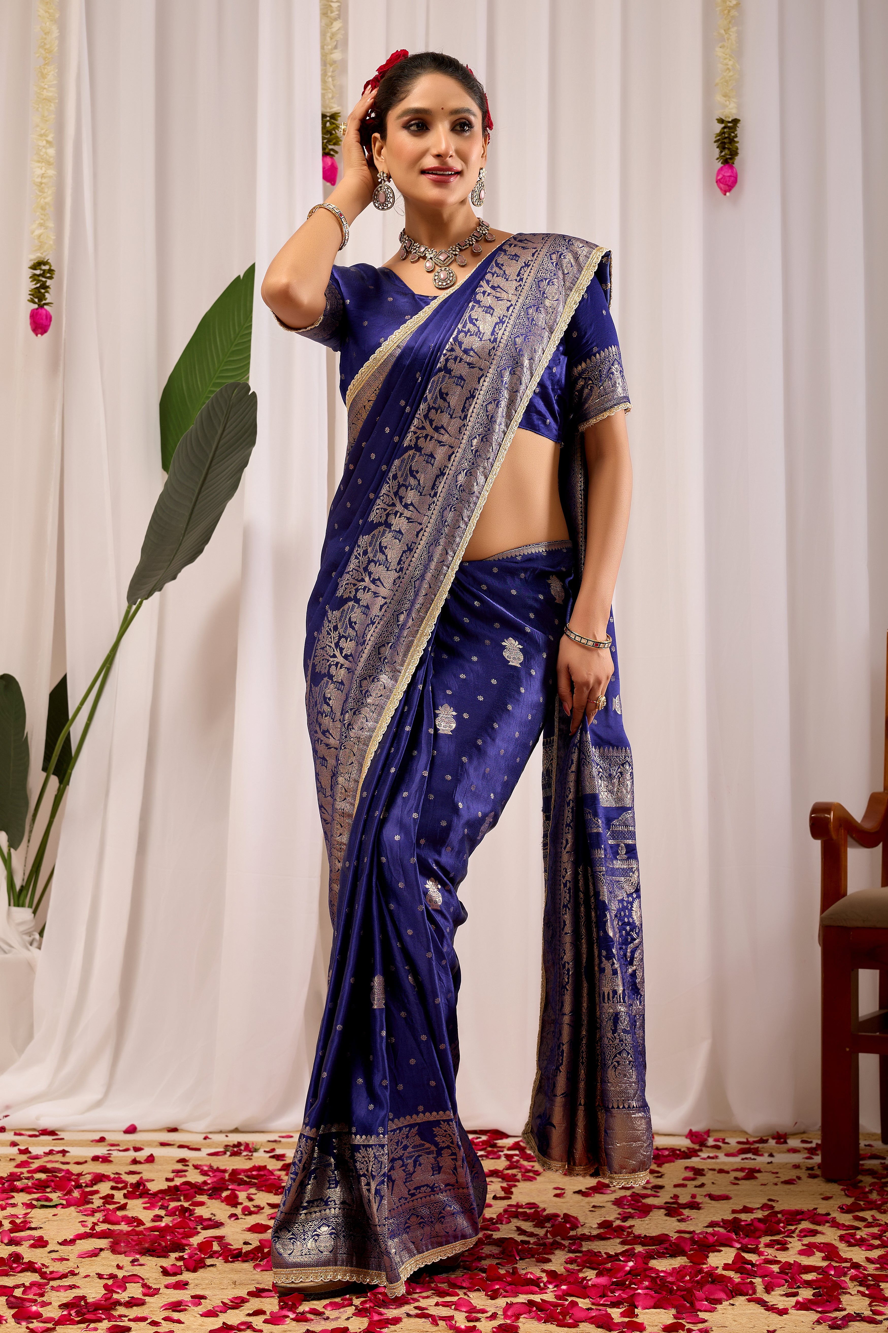 Imperial Royal  Blue Satin Silk Saree in Antique Silver Weave