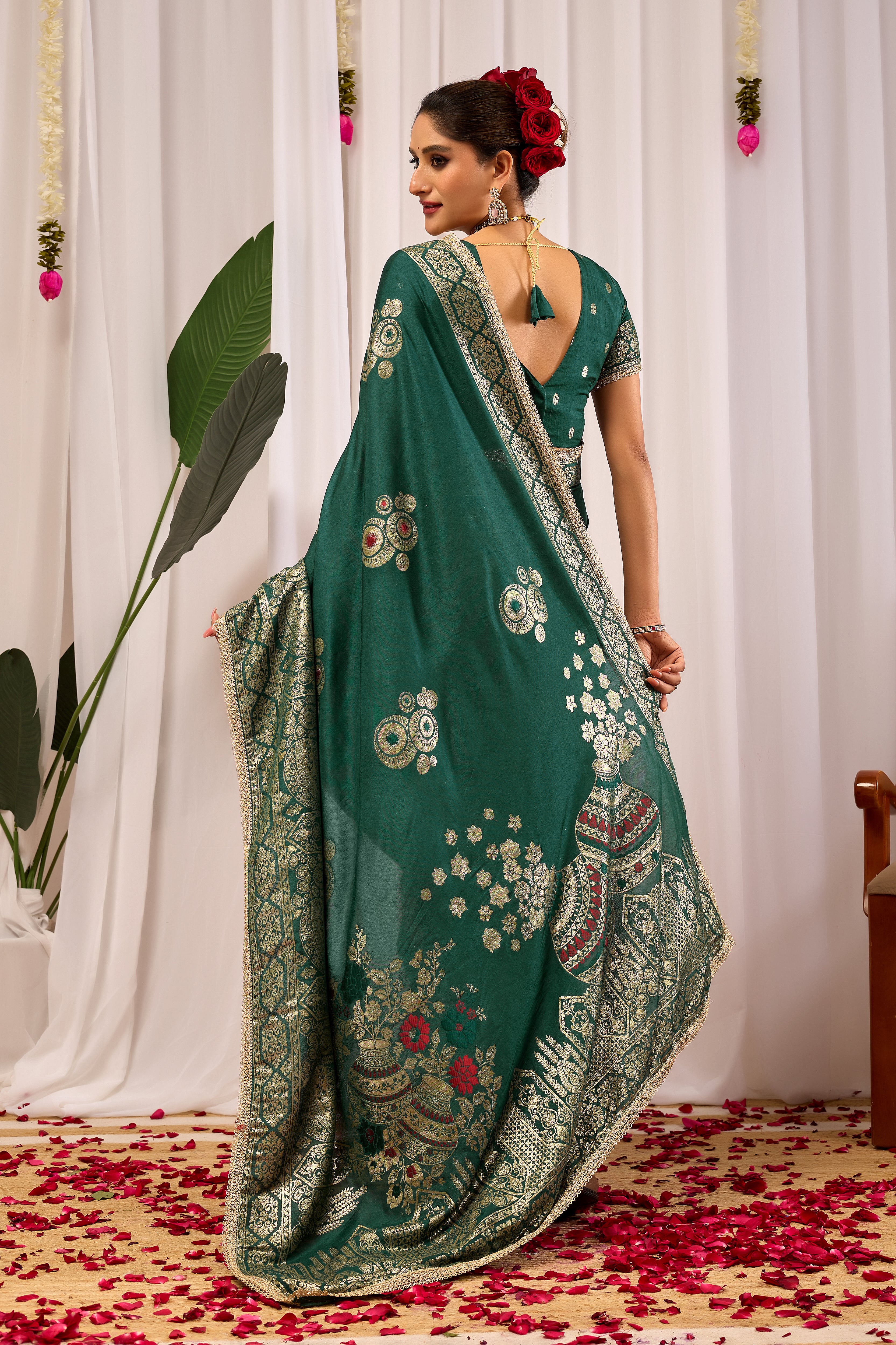 Emerald Royale  satin Silk Saree with Antique Gold Zari Paisley Weaving