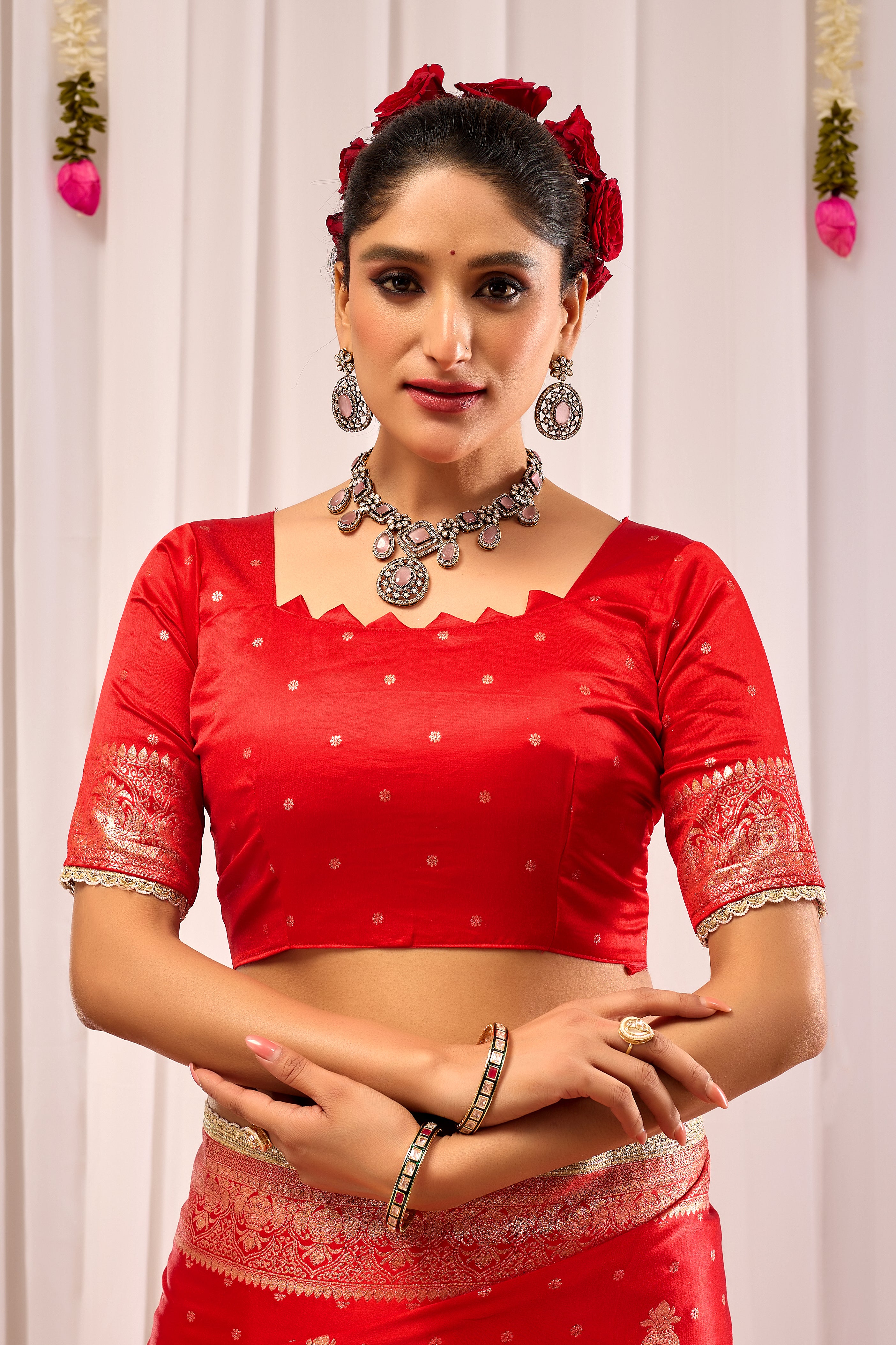 Sindoor Elegance Crimson Red Satin Silk Saree with Heritage Gold Zari Weaving