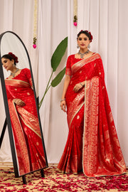 Sindoor Elegance Crimson Red Satin Silk Saree with Heritage Gold Zari Weaving