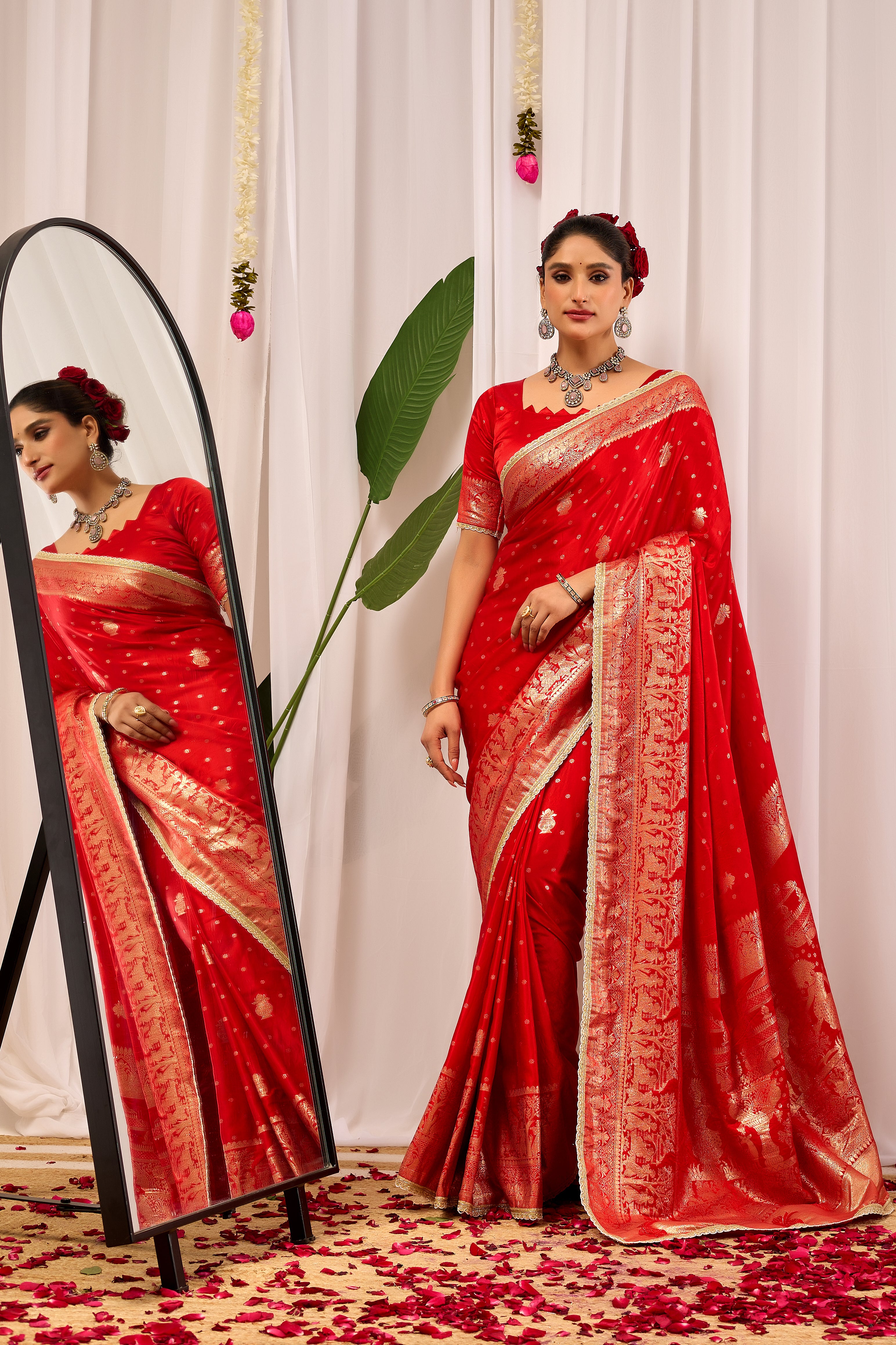 Sindoor Elegance Crimson Red Satin Silk Saree with Heritage Gold Zari Weaving
