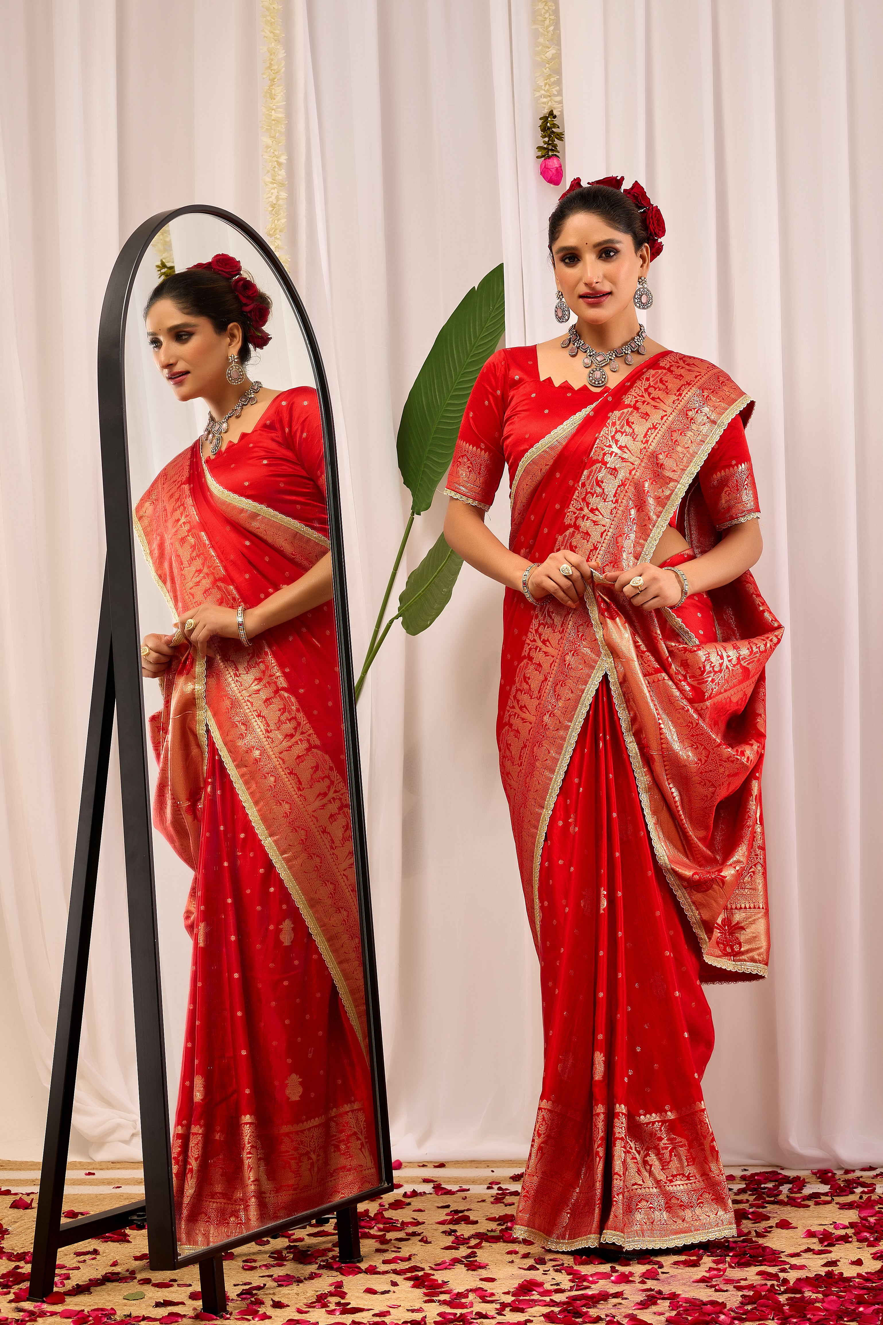 Sindoor Elegance Crimson Red Satin Silk Saree with Heritage Gold Zari Weaving