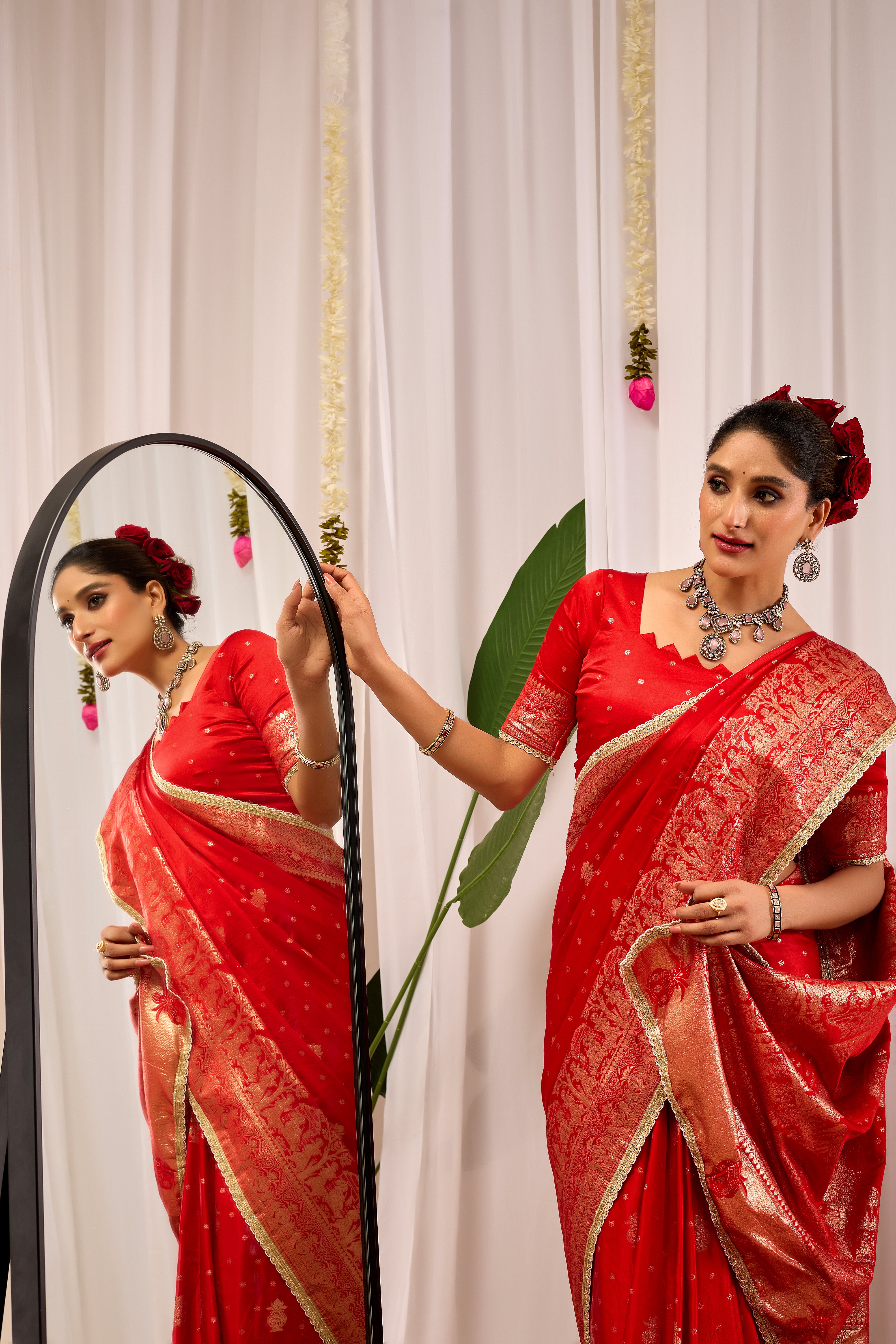 Sindoor Elegance Crimson Red Satin Silk Saree with Heritage Gold Zari Weaving