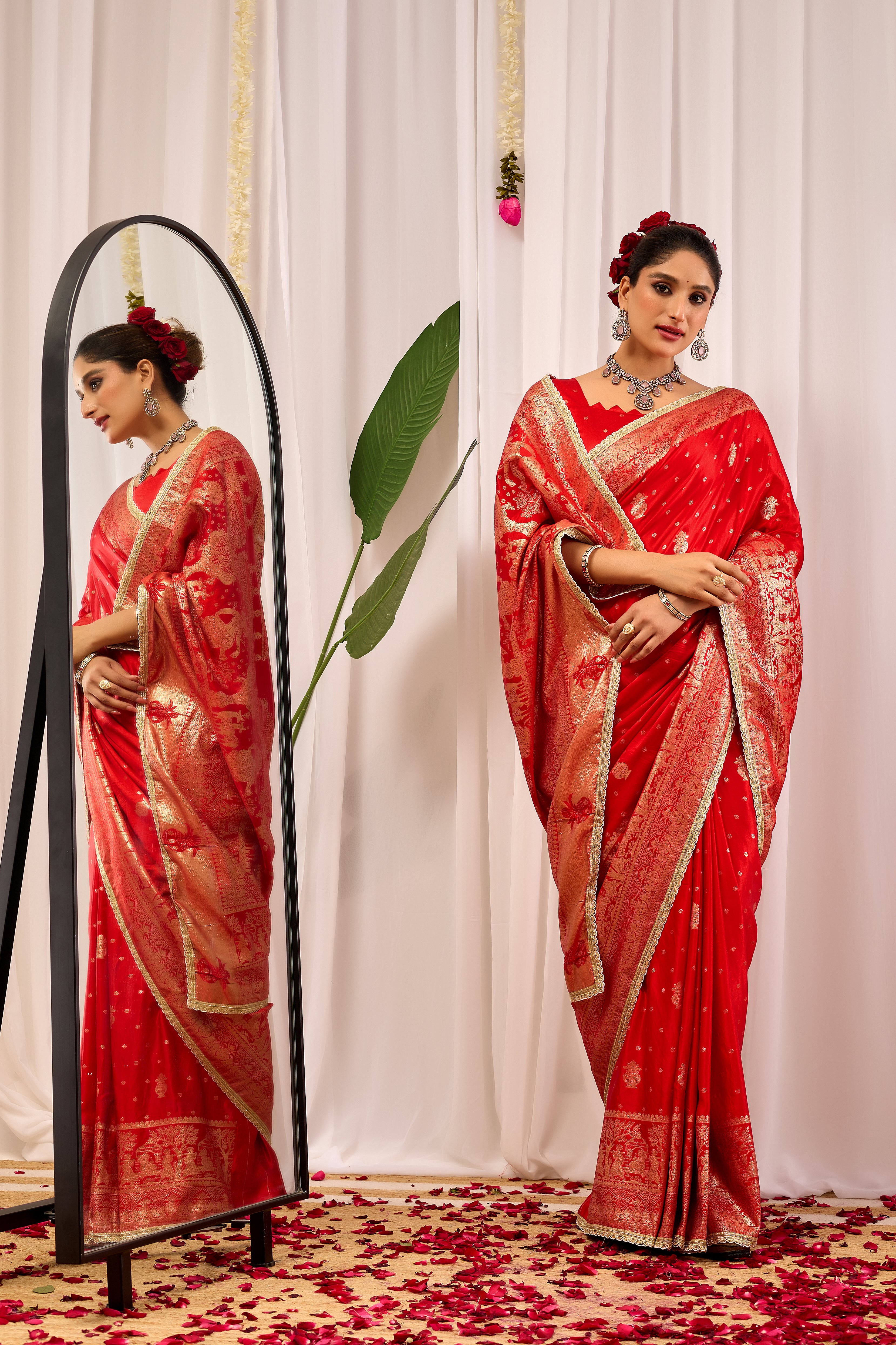 Sindoor Elegance Crimson Red Satin Silk Saree with Heritage Gold Zari Weaving