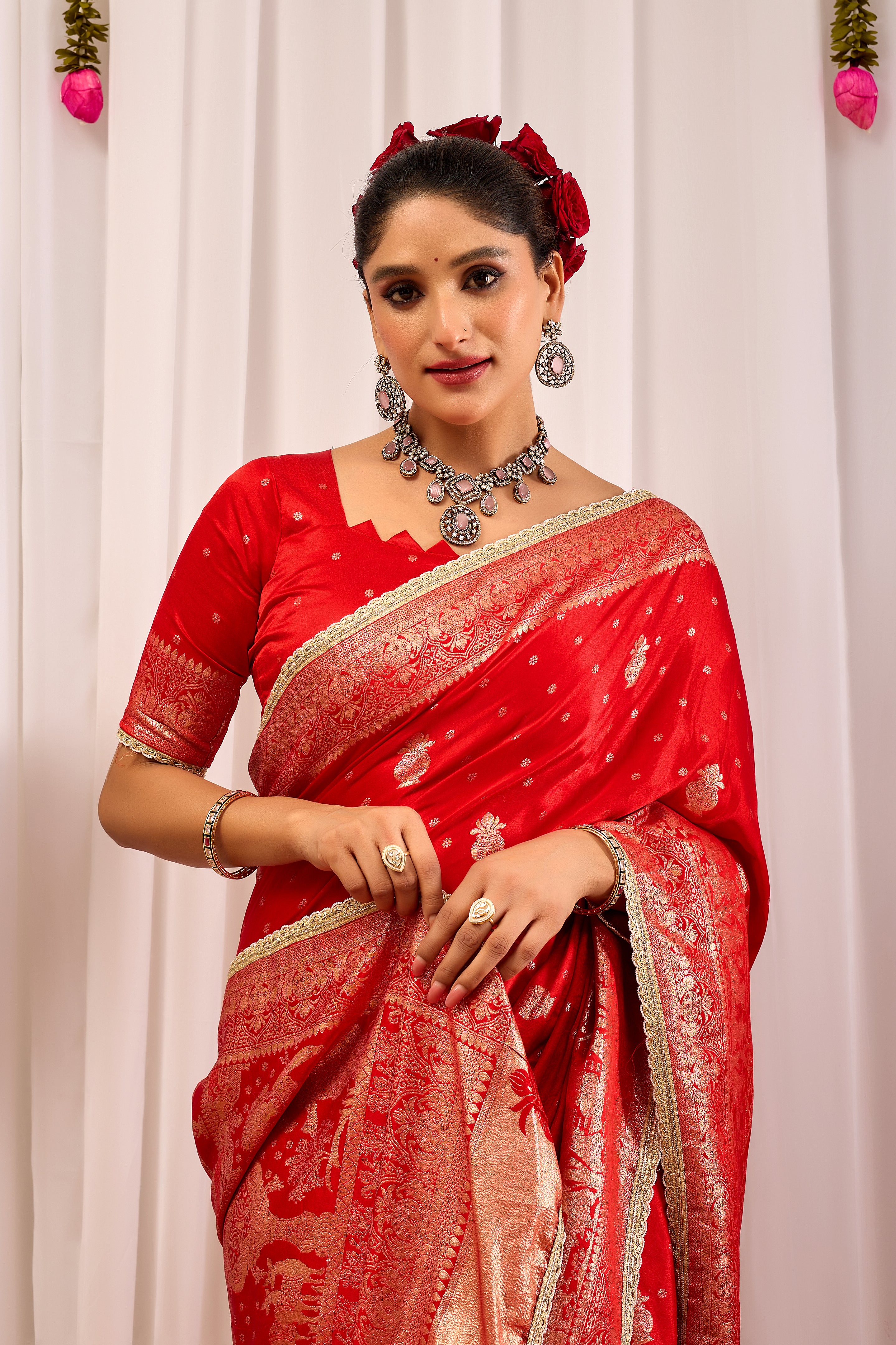 Sindoor Elegance Crimson Red Satin Silk Saree with Heritage Gold Zari Weaving