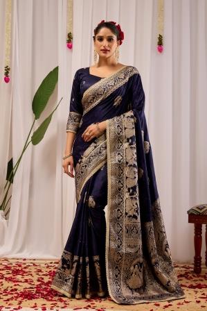 Midnight Royal  Deep Navy Blue Satin  Silk Saree with Antique Gold Zari Weaving