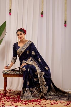 Midnight Royal  Deep Navy Blue Satin  Silk Saree with Antique Gold Zari Weaving