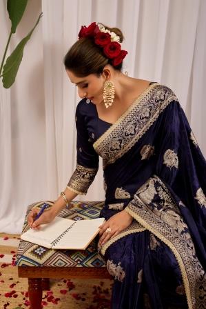 Midnight Royal  Deep Navy Blue Satin  Silk Saree with Antique Gold Zari Weaving