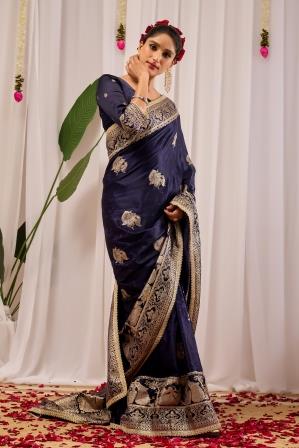 Midnight Royal  Deep Navy Blue Satin  Silk Saree with Antique Gold Zari Weaving