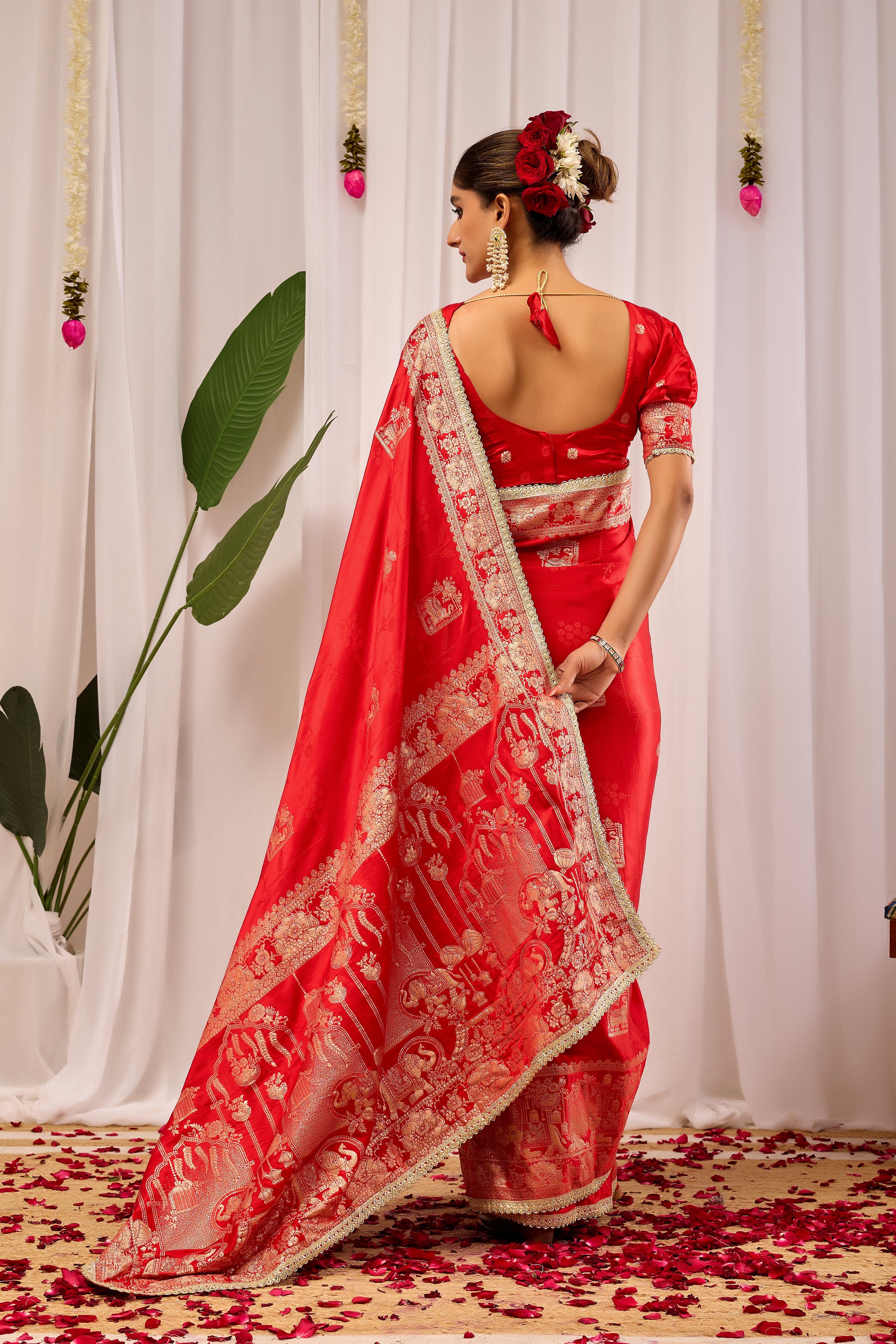 Suhaagan Splendour Crimson Red Satin Silk Saree with Grand Heritage Gold Zari Pallu