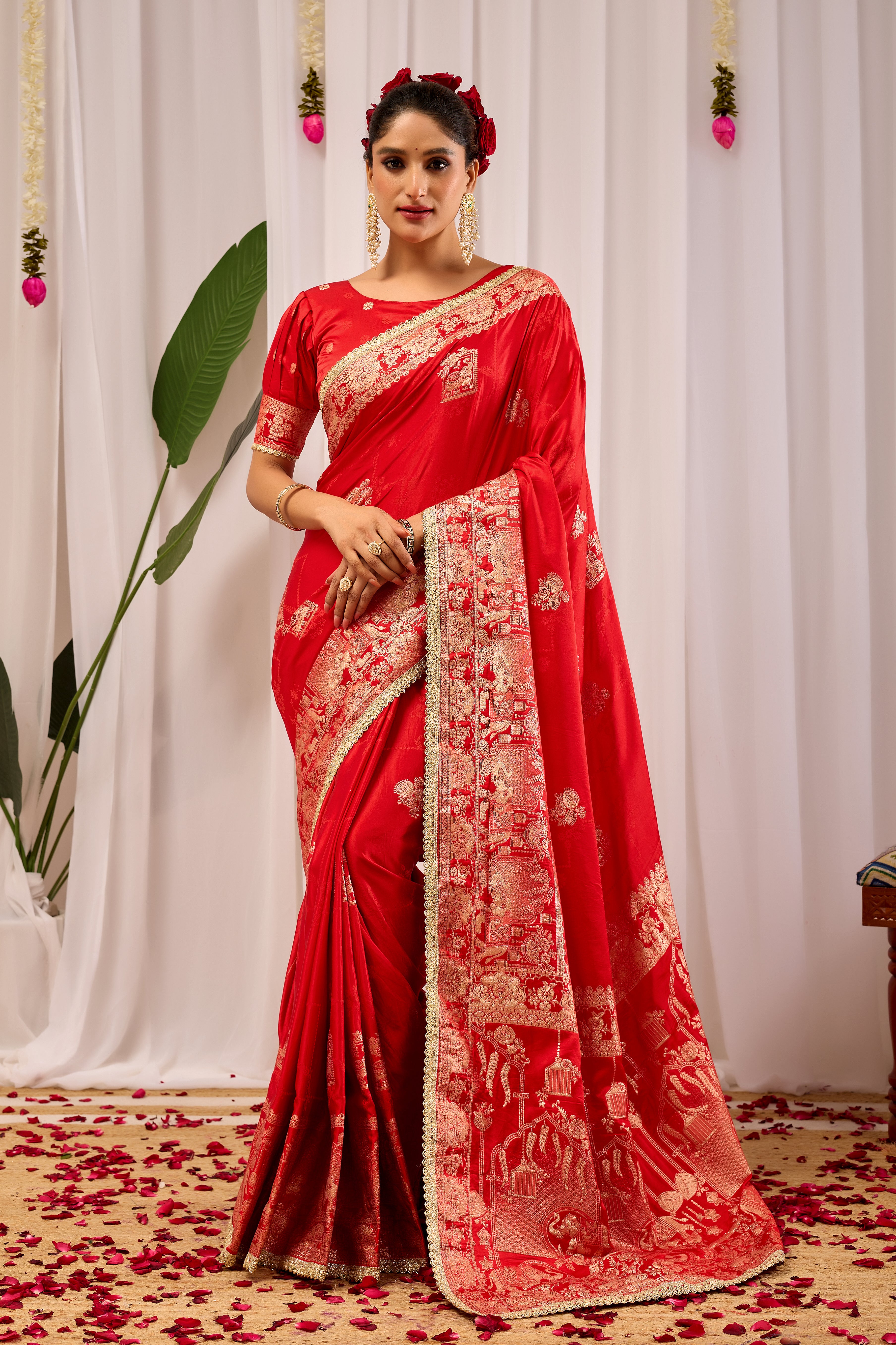 Suhaagan Splendour Crimson Red Satin Silk Saree with Grand Heritage Gold Zari Pallu