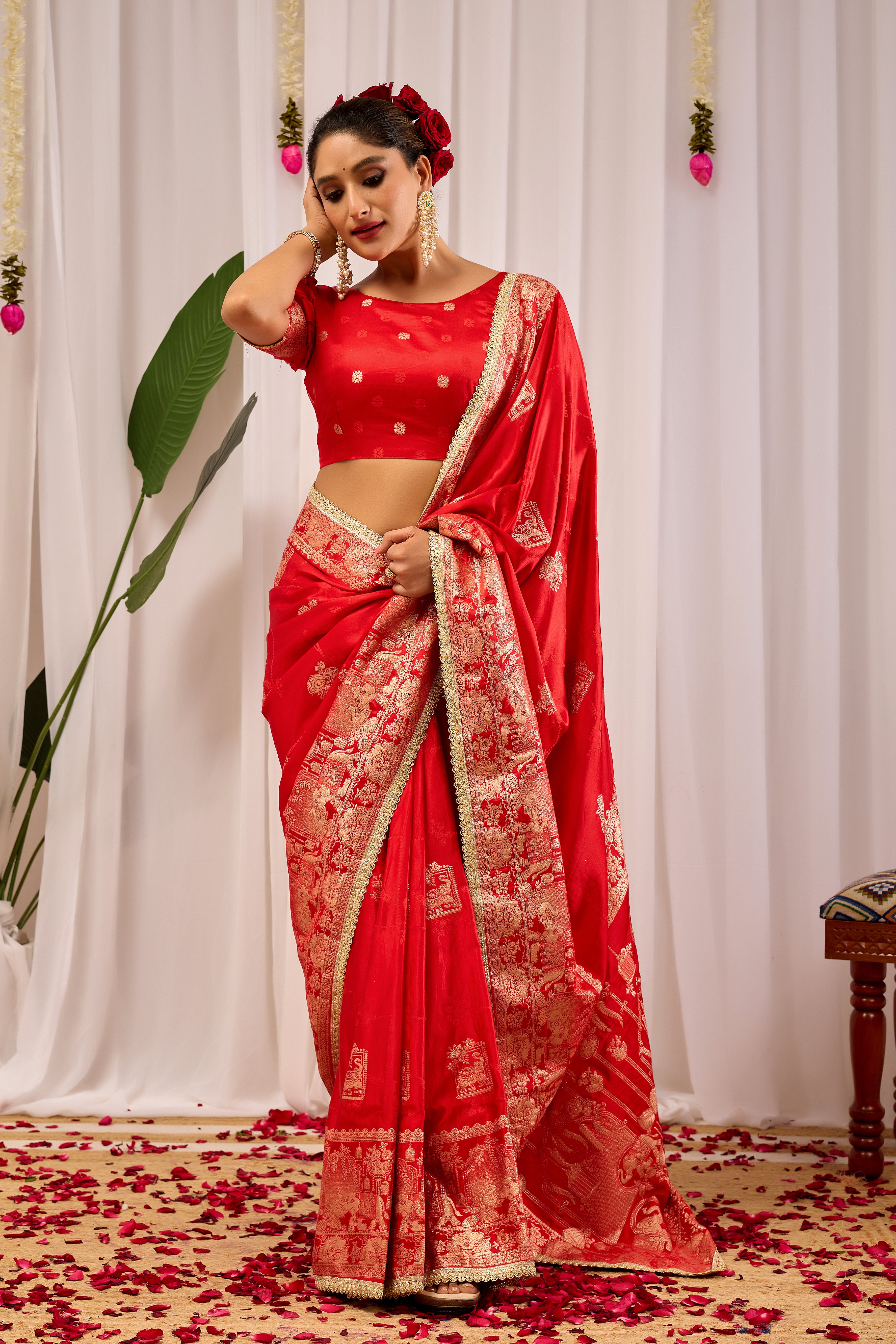 Suhaagan Splendour Crimson Red Satin Silk Saree with Grand Heritage Gold Zari Pallu