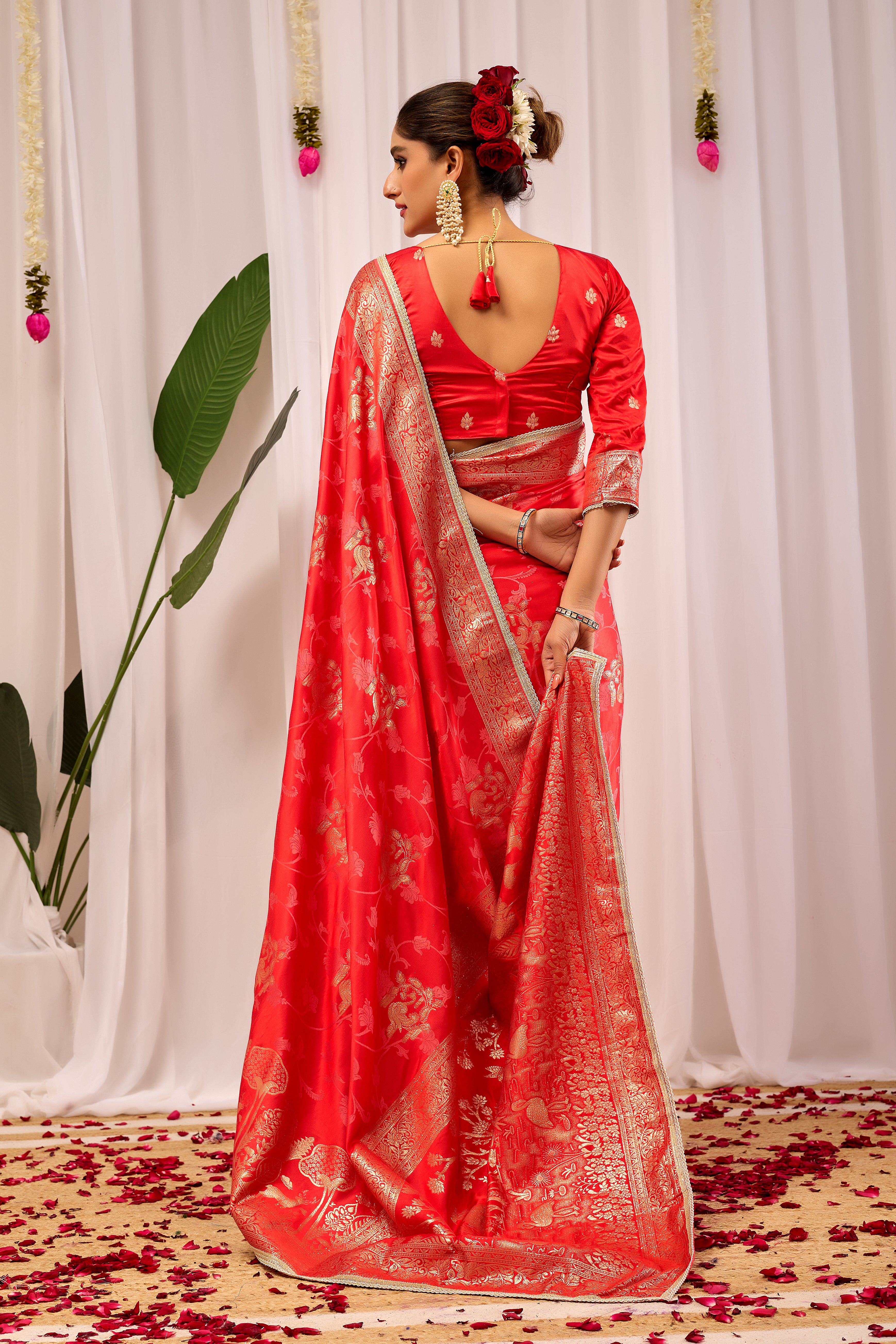 Crimson Elegance Satin Silk Saree with Golden Zari Detailing