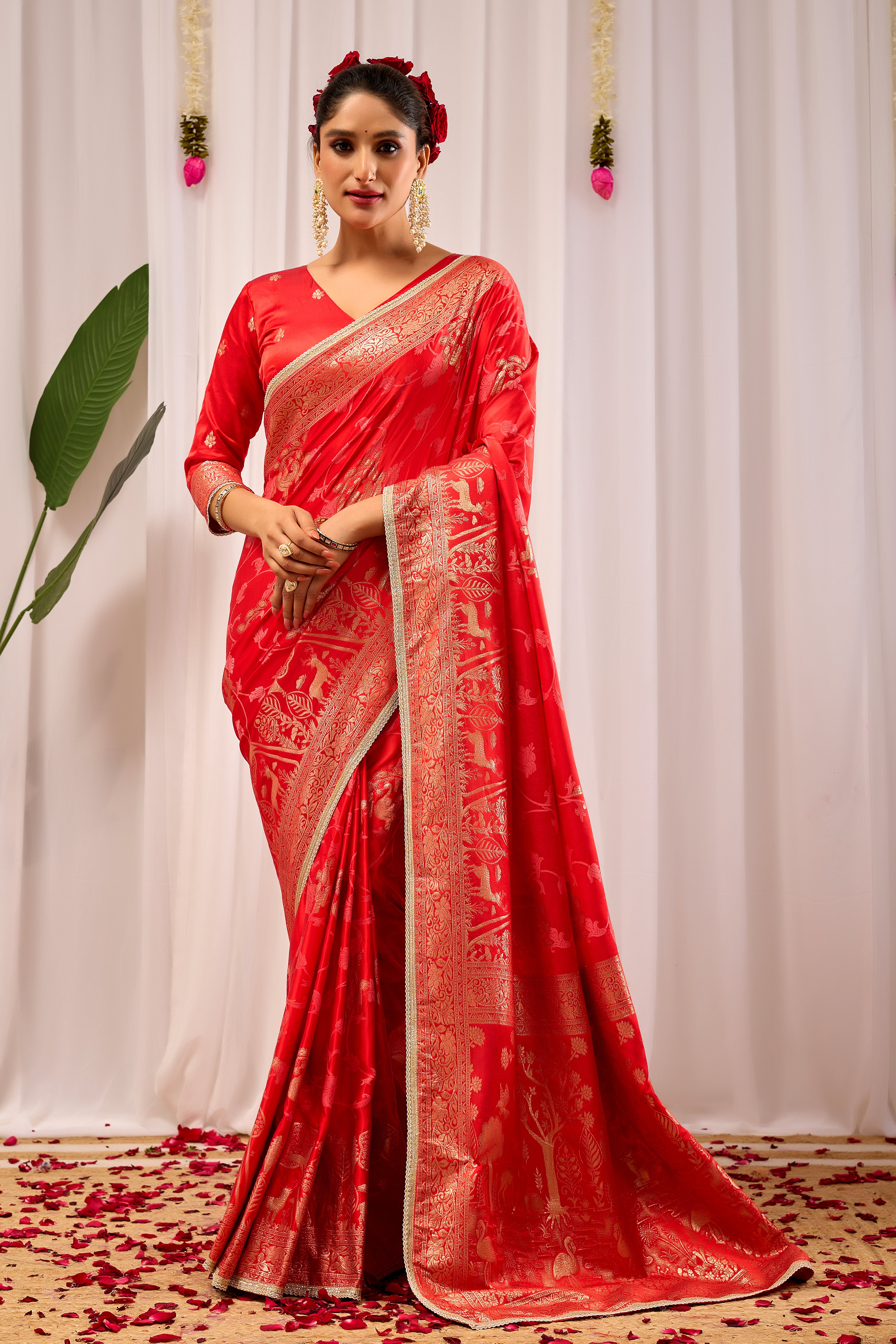 Crimson Elegance Satin Silk Saree with Golden Zari Detailing