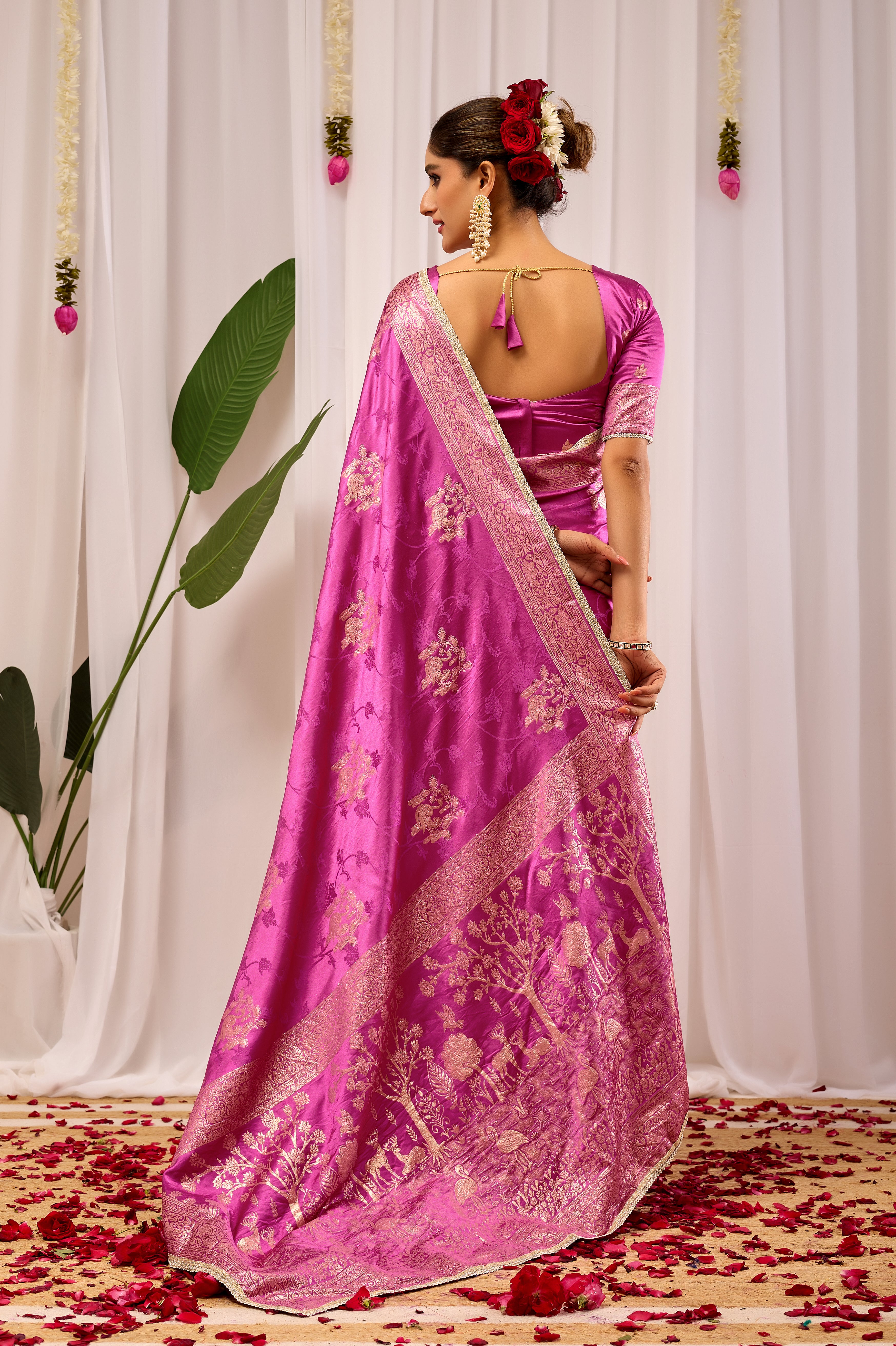 Royal Orchid Pink Satin Silk Saree with Intricate Gold Zari Border