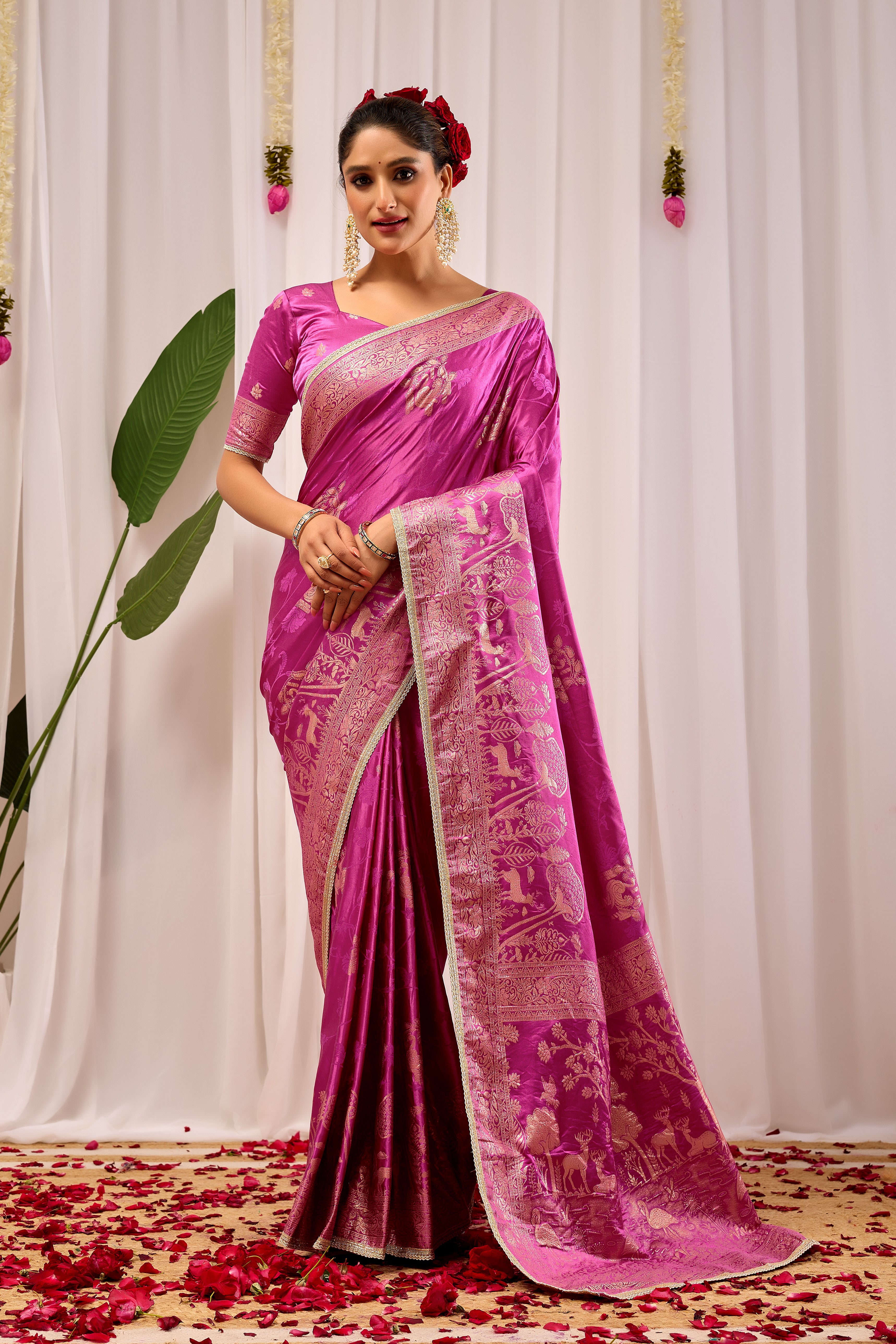 Royal Orchid Pink Satin Silk Saree with Intricate Gold Zari Border