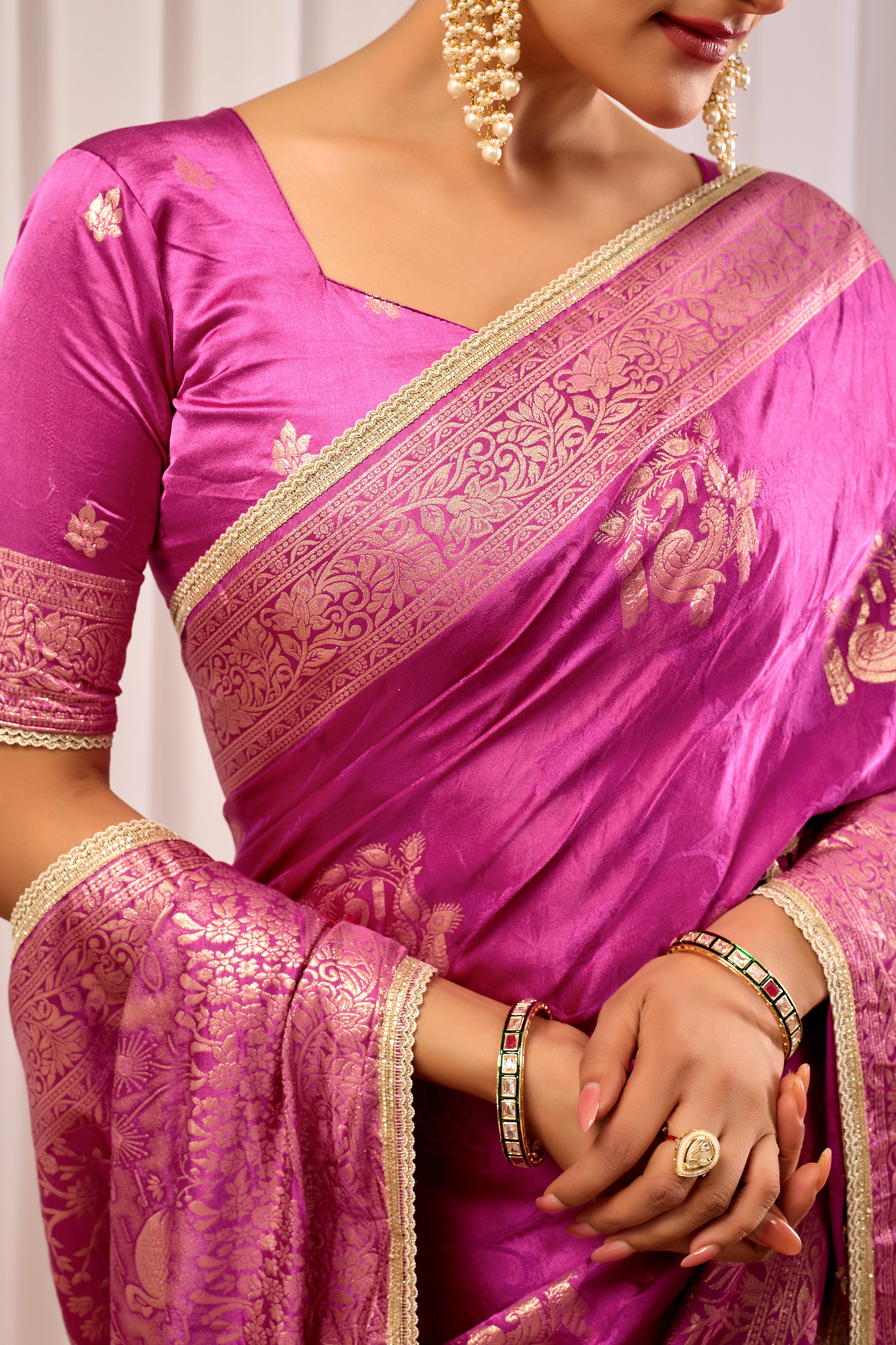 Royal Orchid Pink Satin Silk Saree with Intricate Gold Zari Border