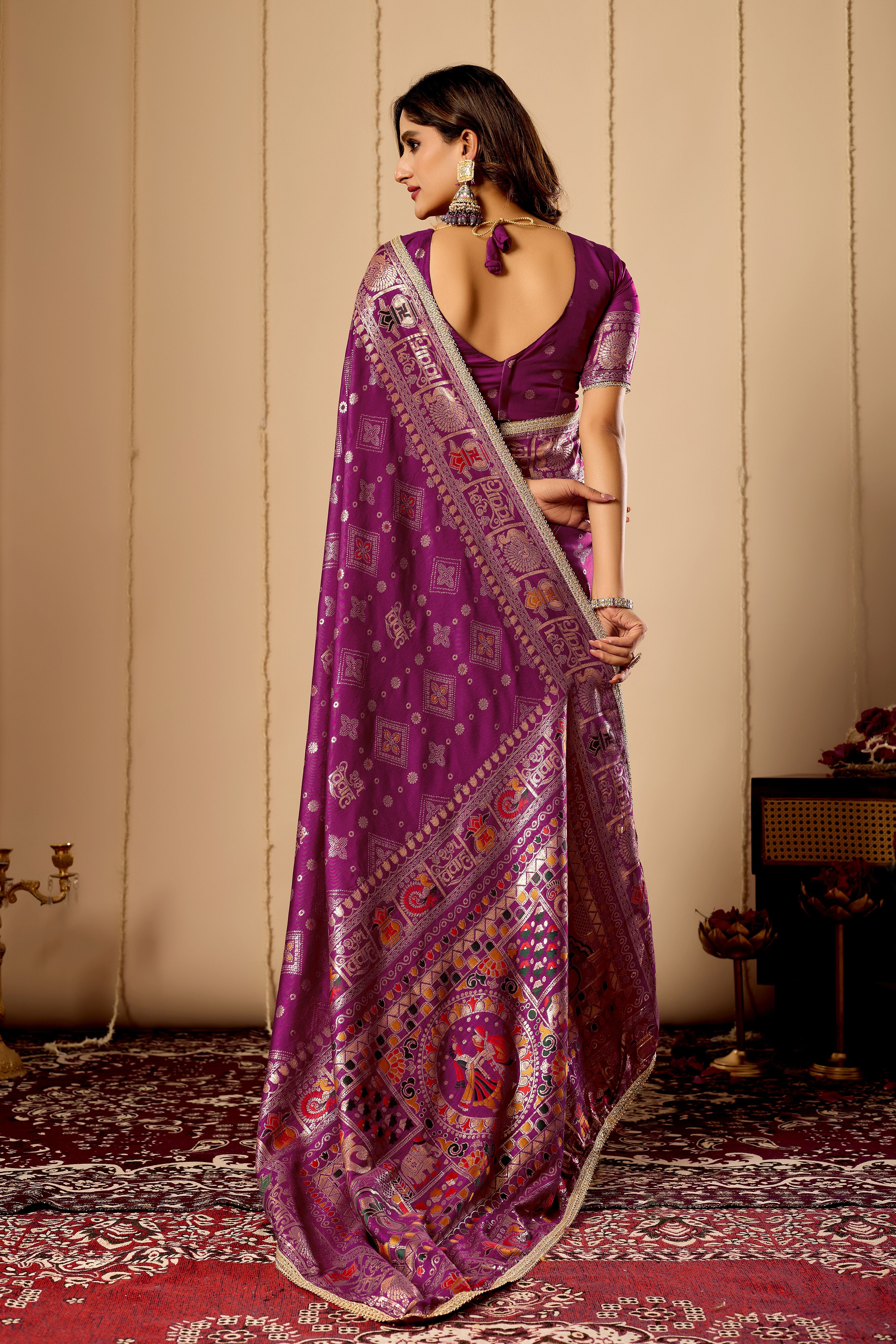 Royal Amethyst Heritage Satin Silk Saree with Intricate Zari Detailing