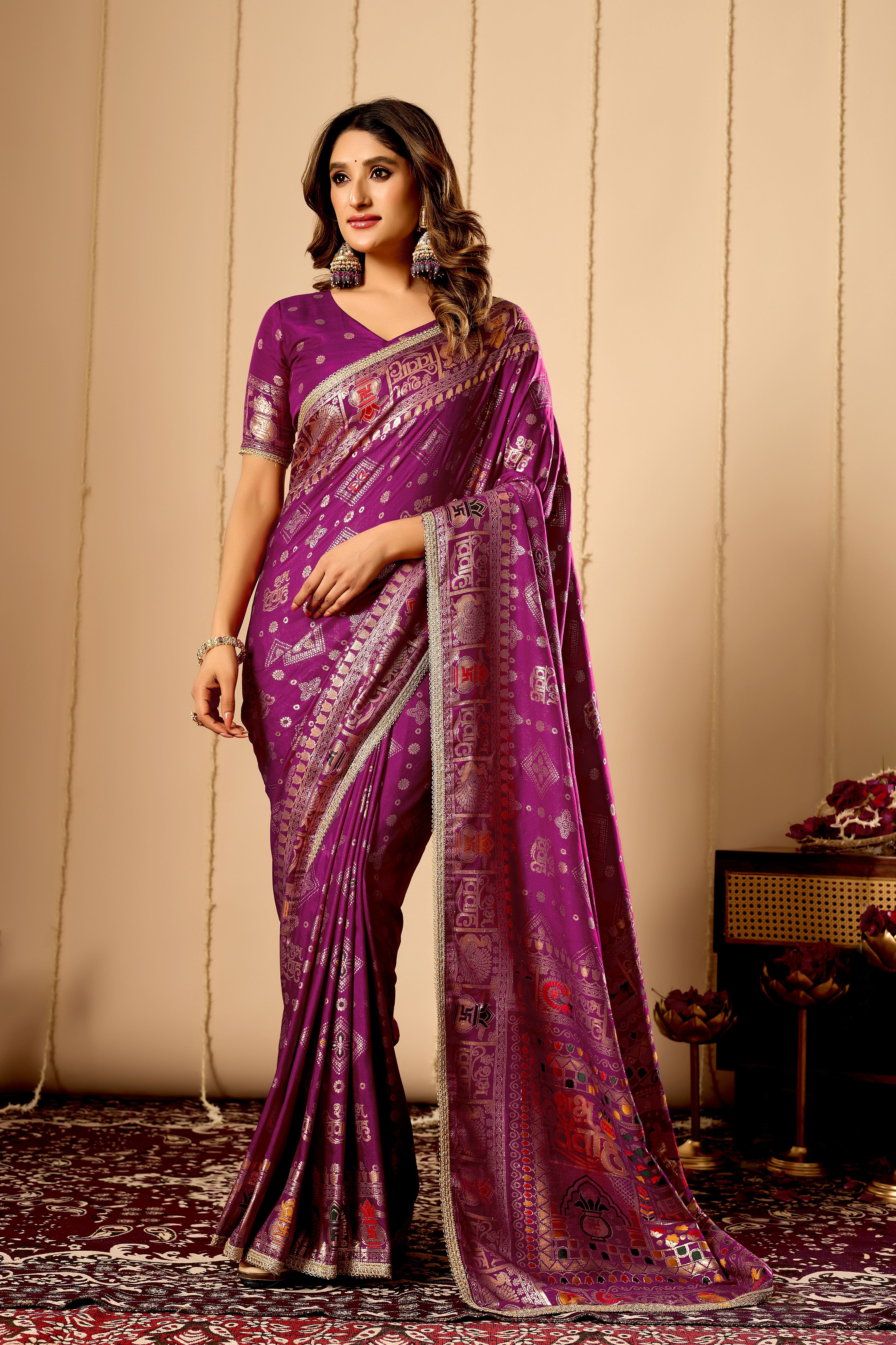 Royal Amethyst Heritage Satin Silk Saree with Intricate Zari Detailing