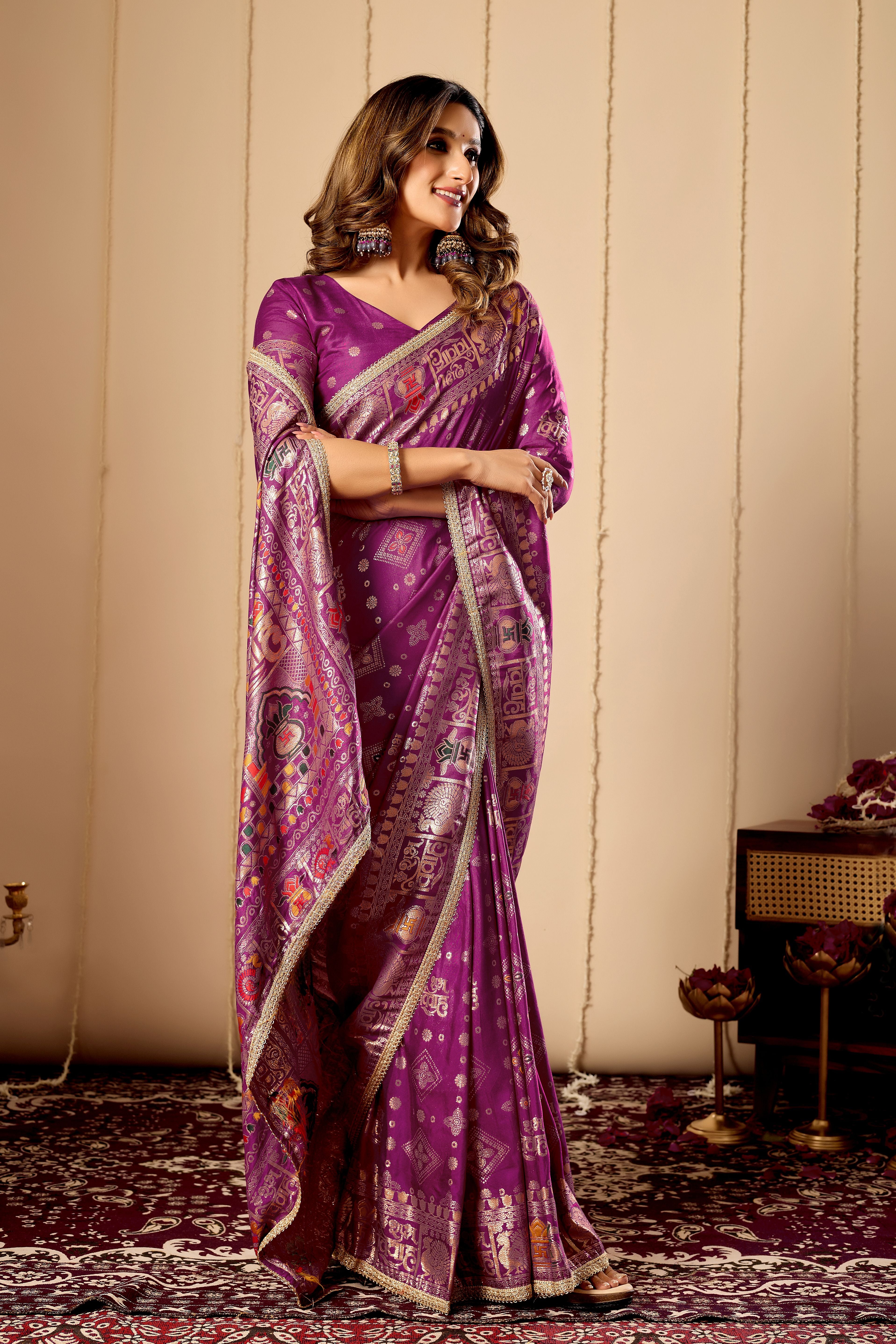 Royal Amethyst Heritage Satin Silk Saree with Intricate Zari Detailing