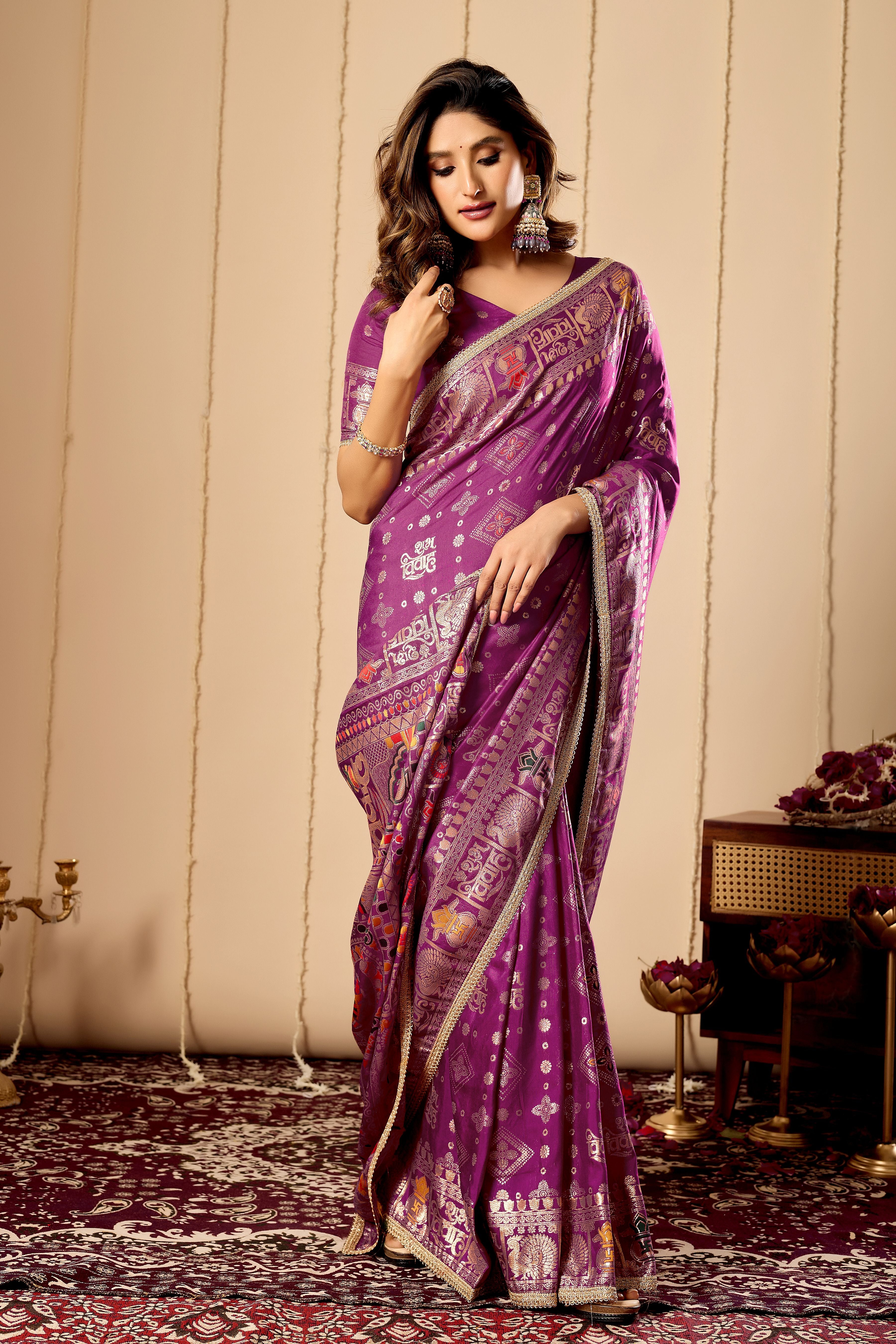 Royal Amethyst Heritage Satin Silk Saree with Intricate Zari Detailing