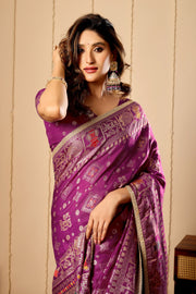 Royal Amethyst Heritage Satin Silk Saree with Intricate Zari Detailing