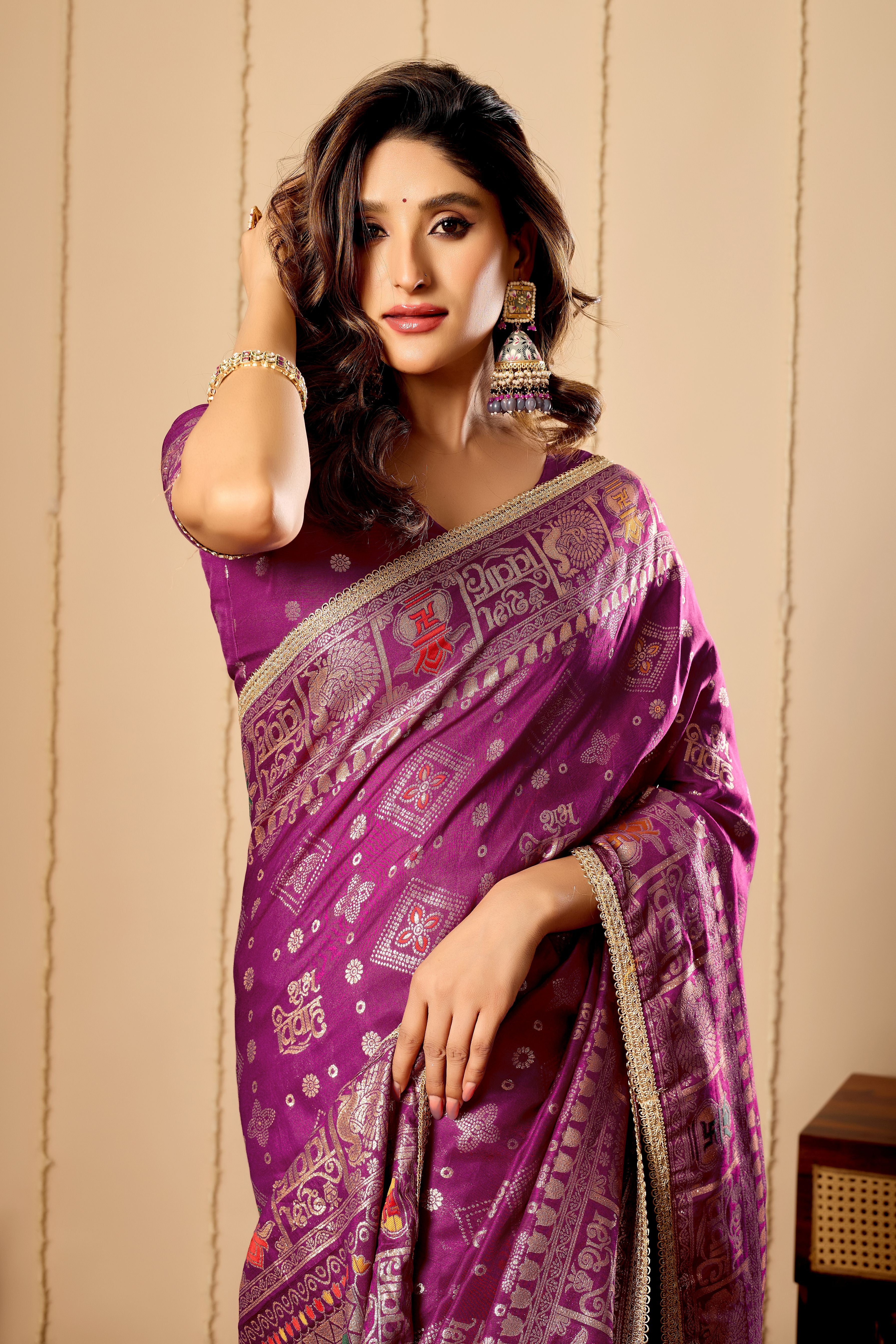 Royal Amethyst Heritage Satin Silk Saree with Intricate Zari Detailing