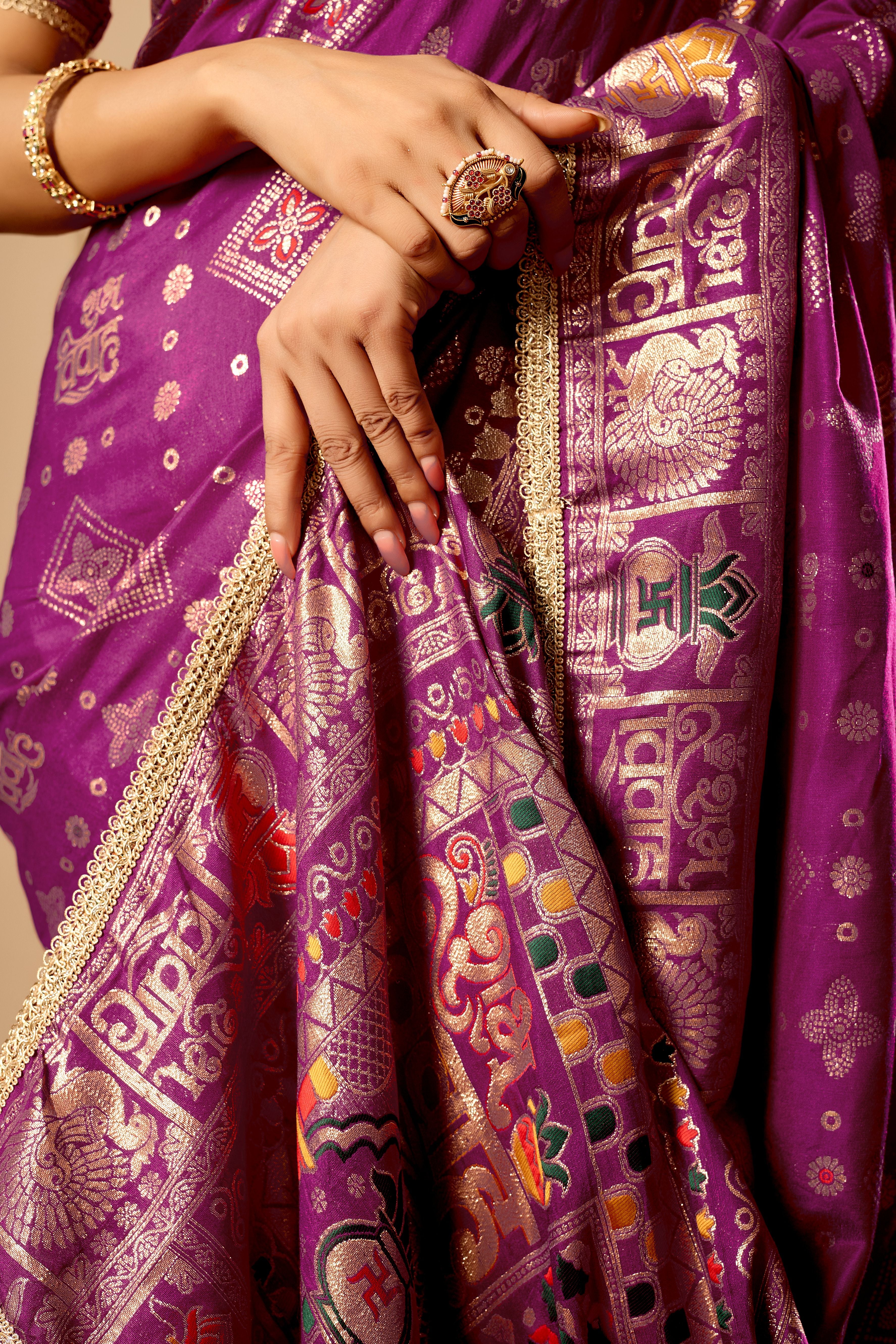 Royal Amethyst Heritage Satin Silk Saree with Intricate Zari Detailing