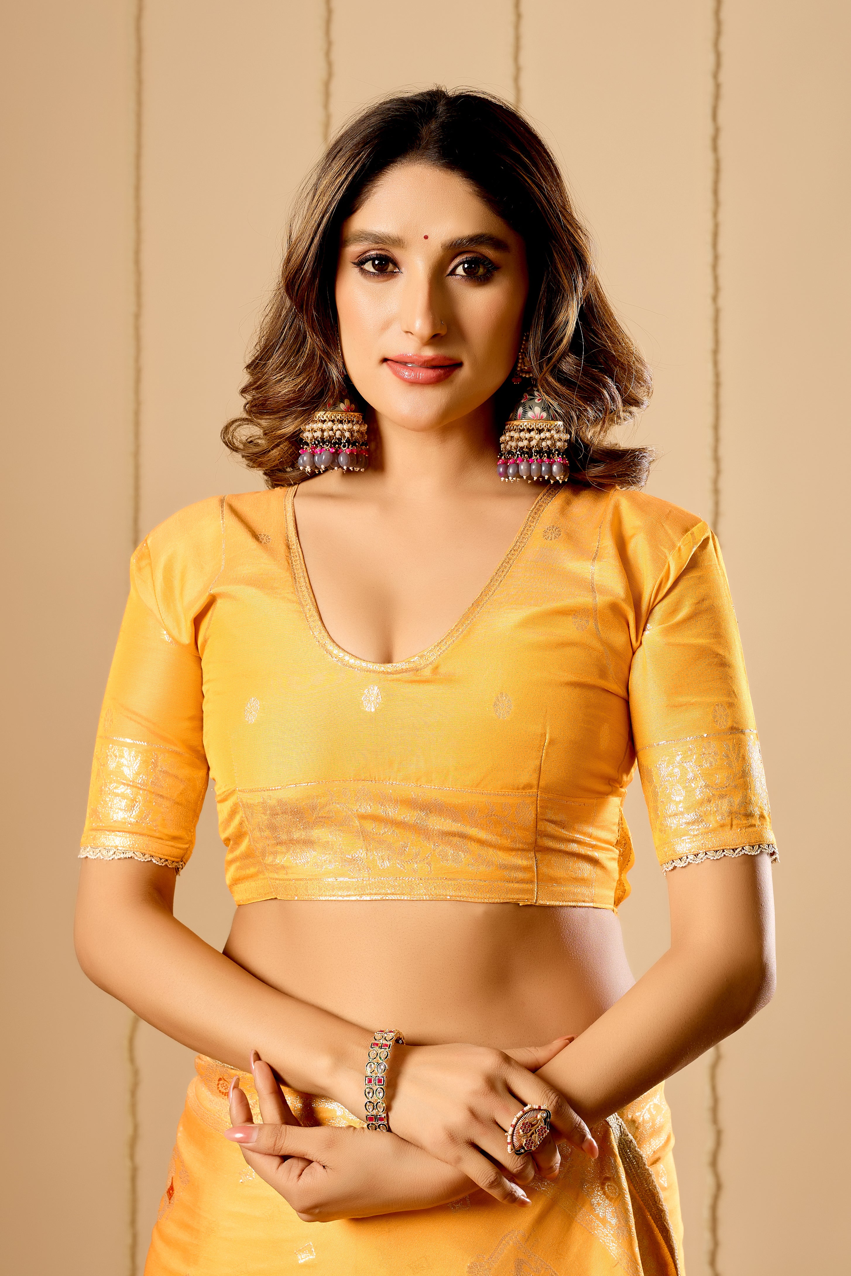 Marigold Gold Heritage satin Silk Saree with Artistic Pallu Motifs