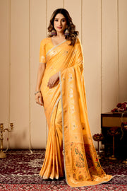 Marigold Gold Heritage satin Silk Saree with Artistic Pallu Motifs