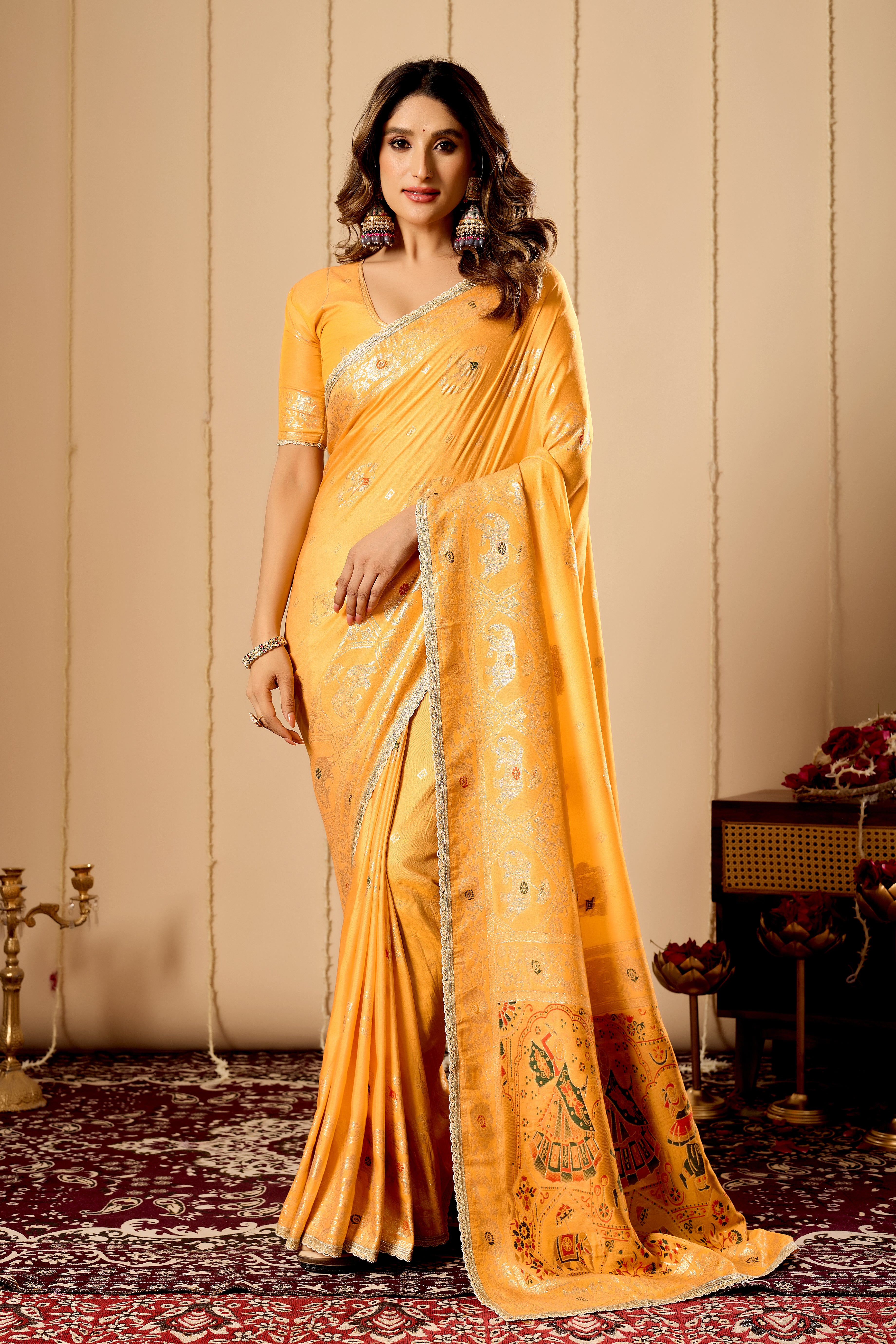 Marigold Gold Heritage satin Silk Saree with Artistic Pallu Motifs