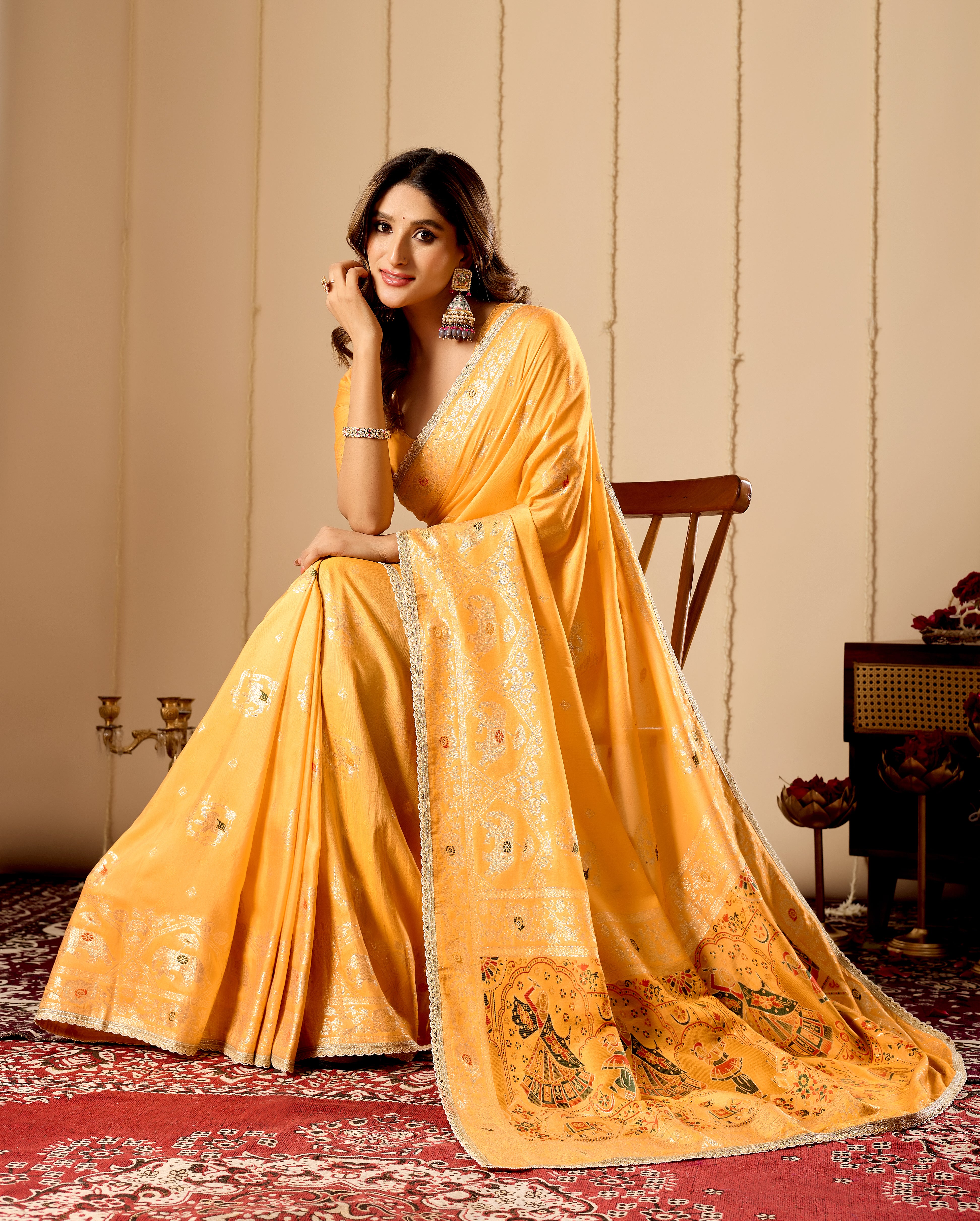 Marigold Gold Heritage satin Silk Saree with Artistic Pallu Motifs