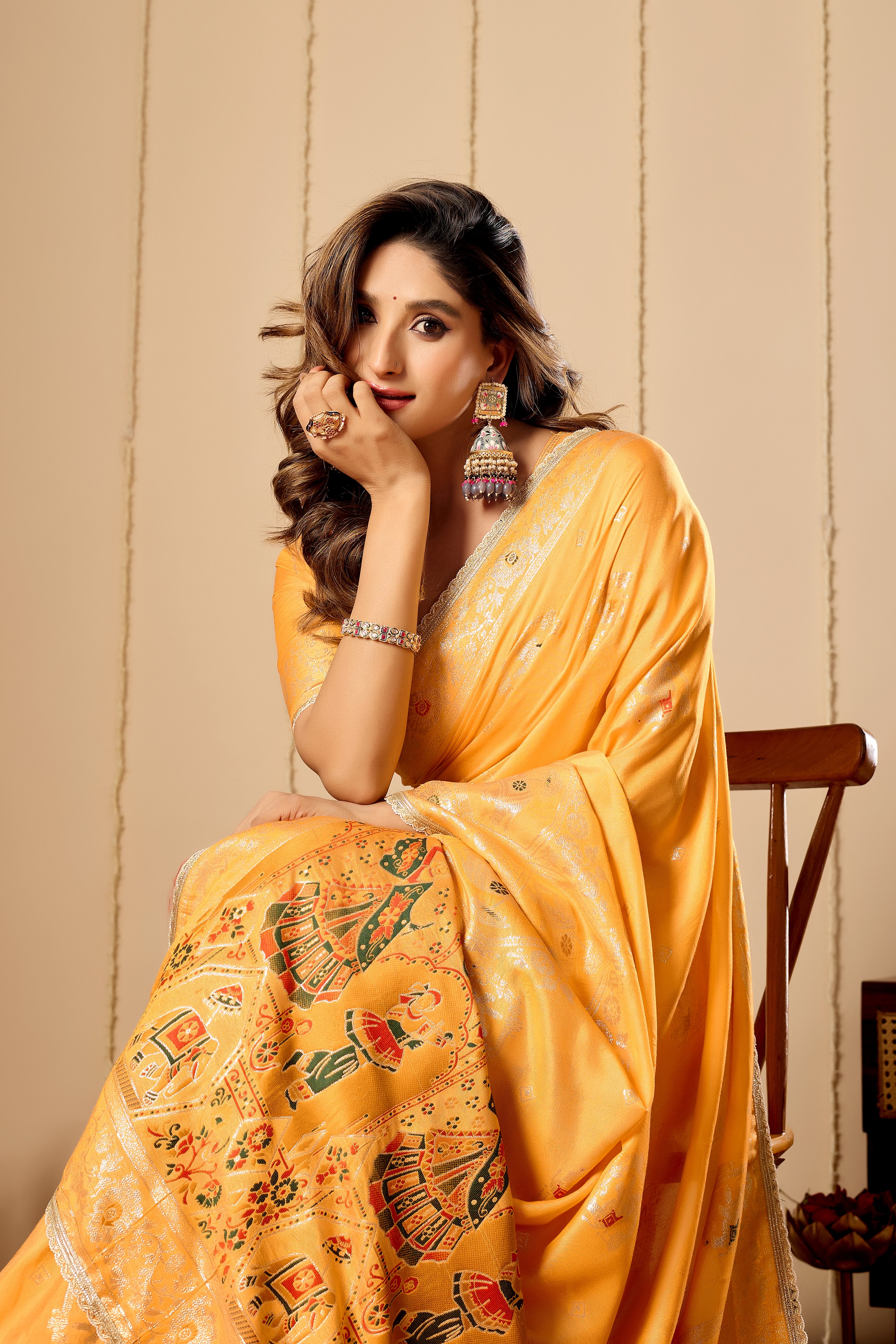 Marigold Gold Heritage satin Silk Saree with Artistic Pallu Motifs