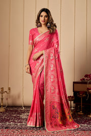 Elegant Rose Pink satin Silk Saree with Intricate Gold Zari Weaving and Traditional Motif Pallu