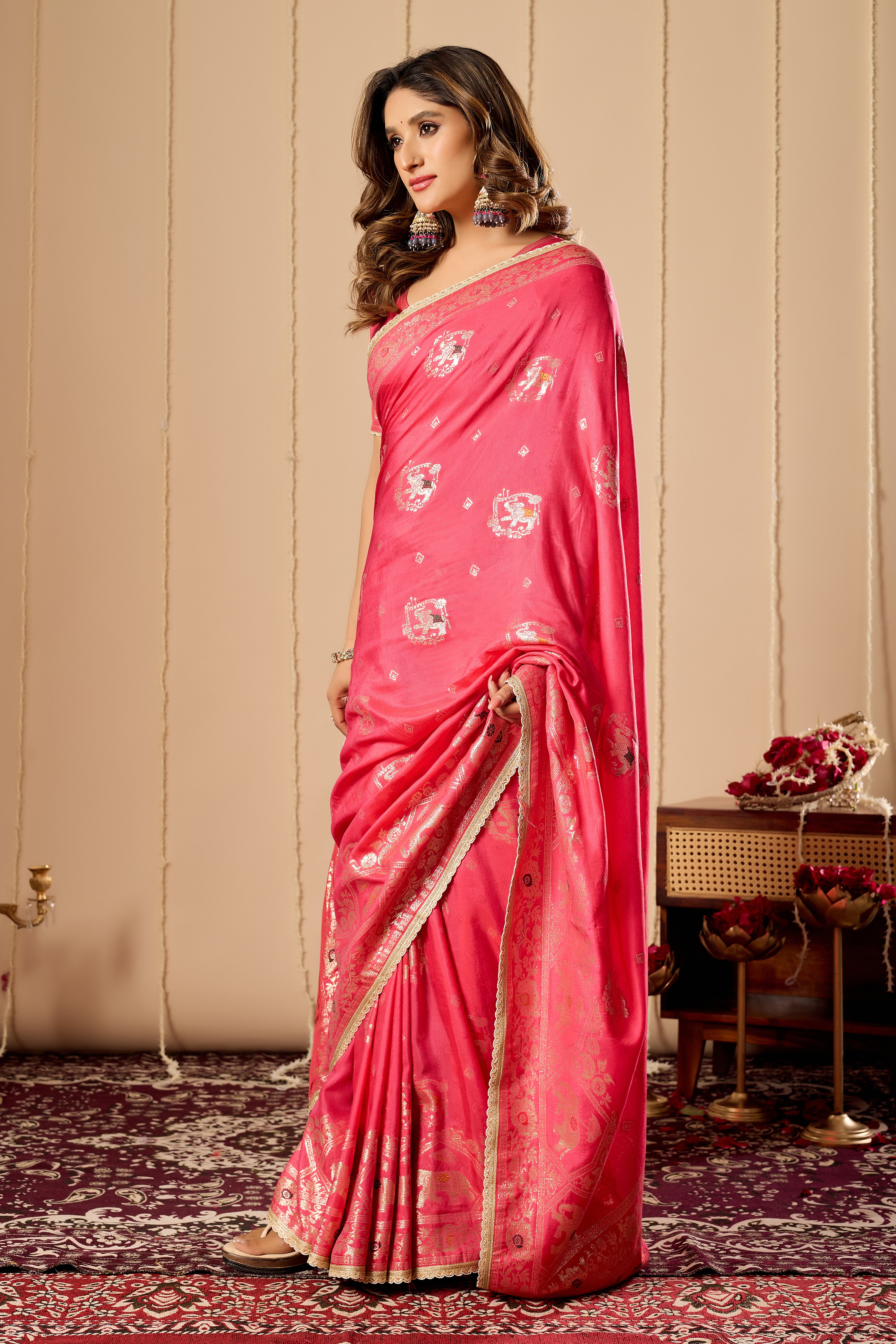 Elegant Rose Pink satin Silk Saree with Intricate Gold Zari Weaving and Traditional Motif Pallu