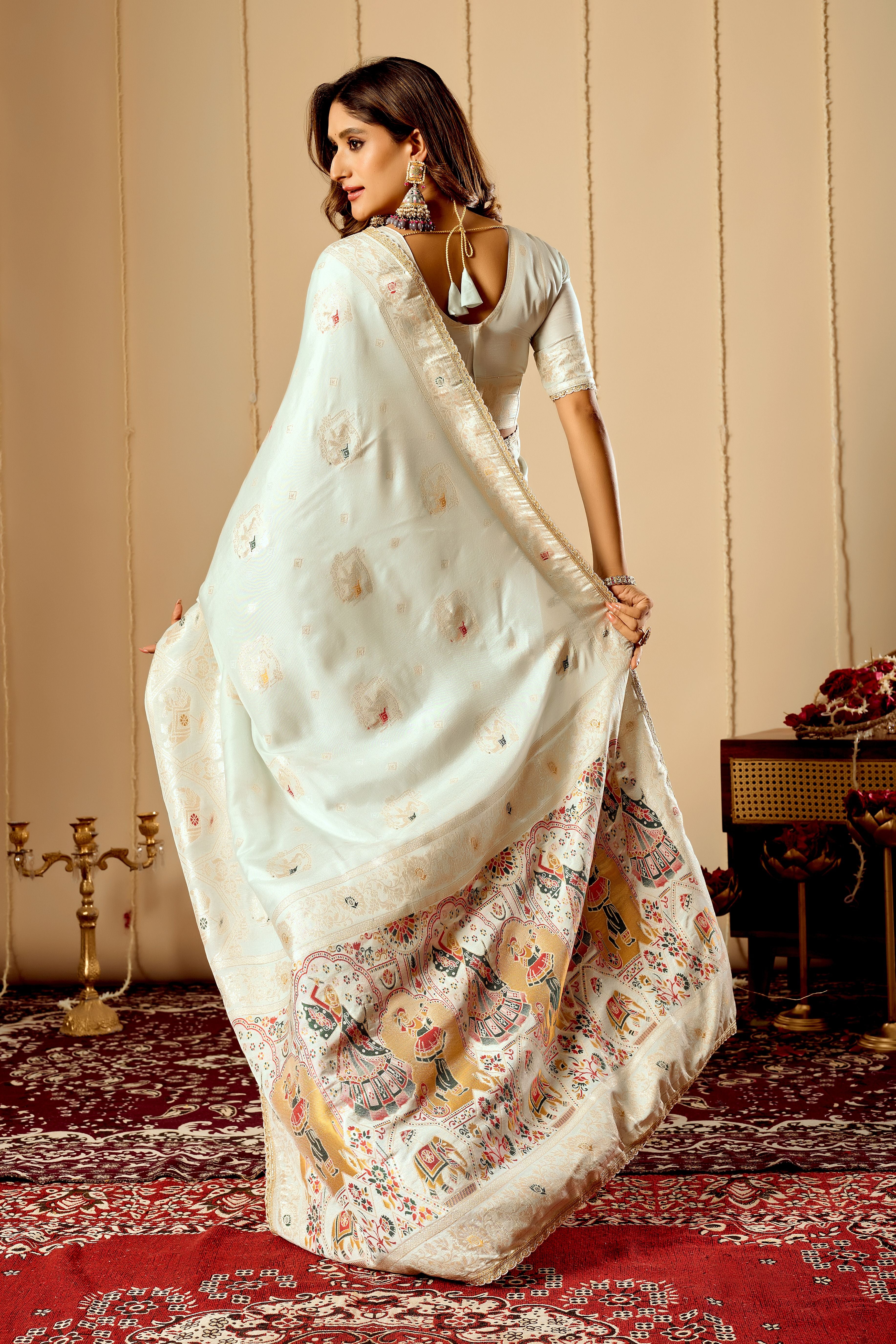 Elegant Mint Ivory  satin  Silk Saree with Subtle Gold Zari Weaving and Traditional Artistic Pallu