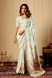 Elegant Mint Ivory  satin  Silk Saree with Subtle Gold Zari Weaving and Traditional Artistic Pallu