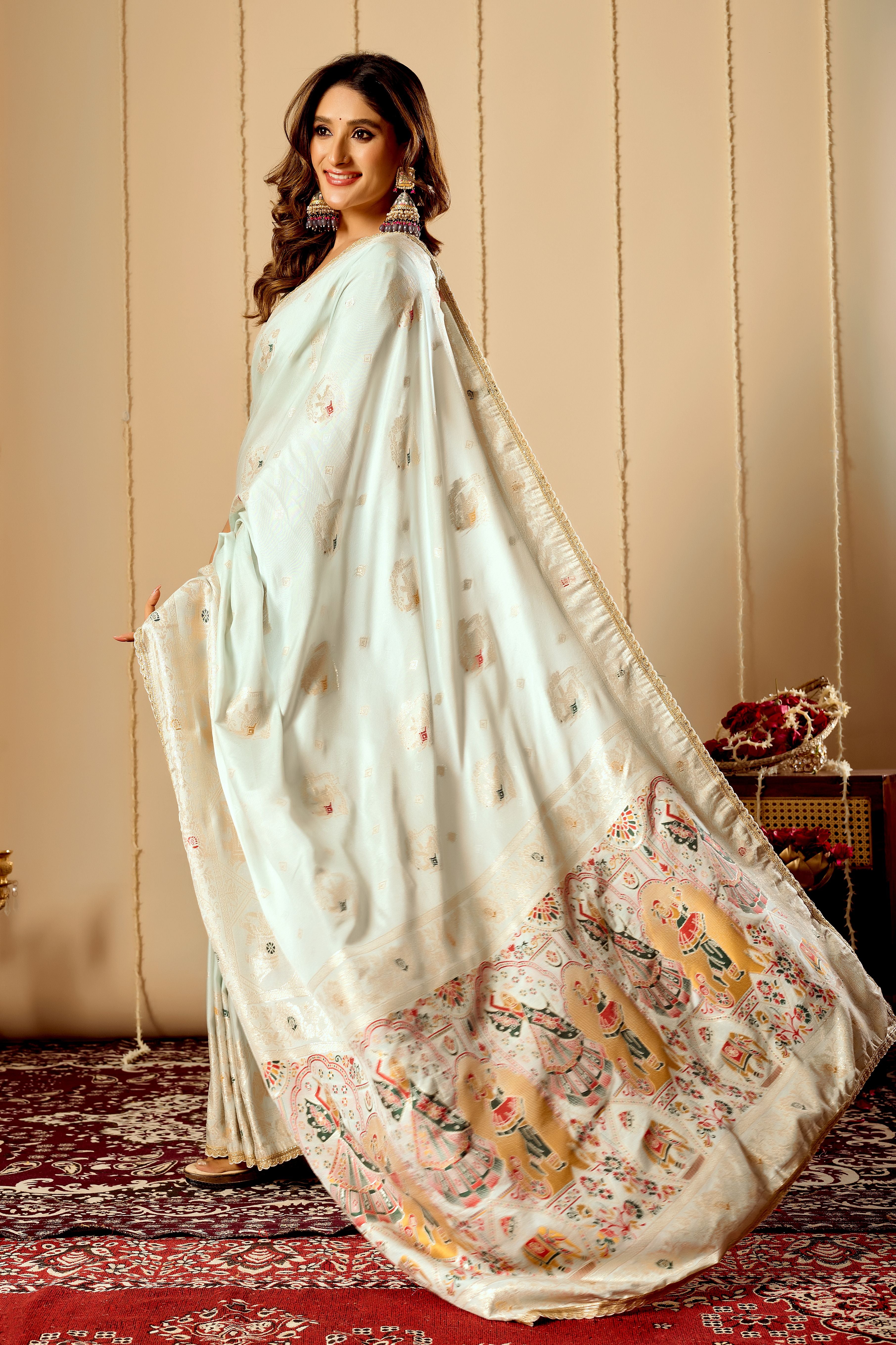 Elegant Mint Ivory  satin  Silk Saree with Subtle Gold Zari Weaving and Traditional Artistic Pallu