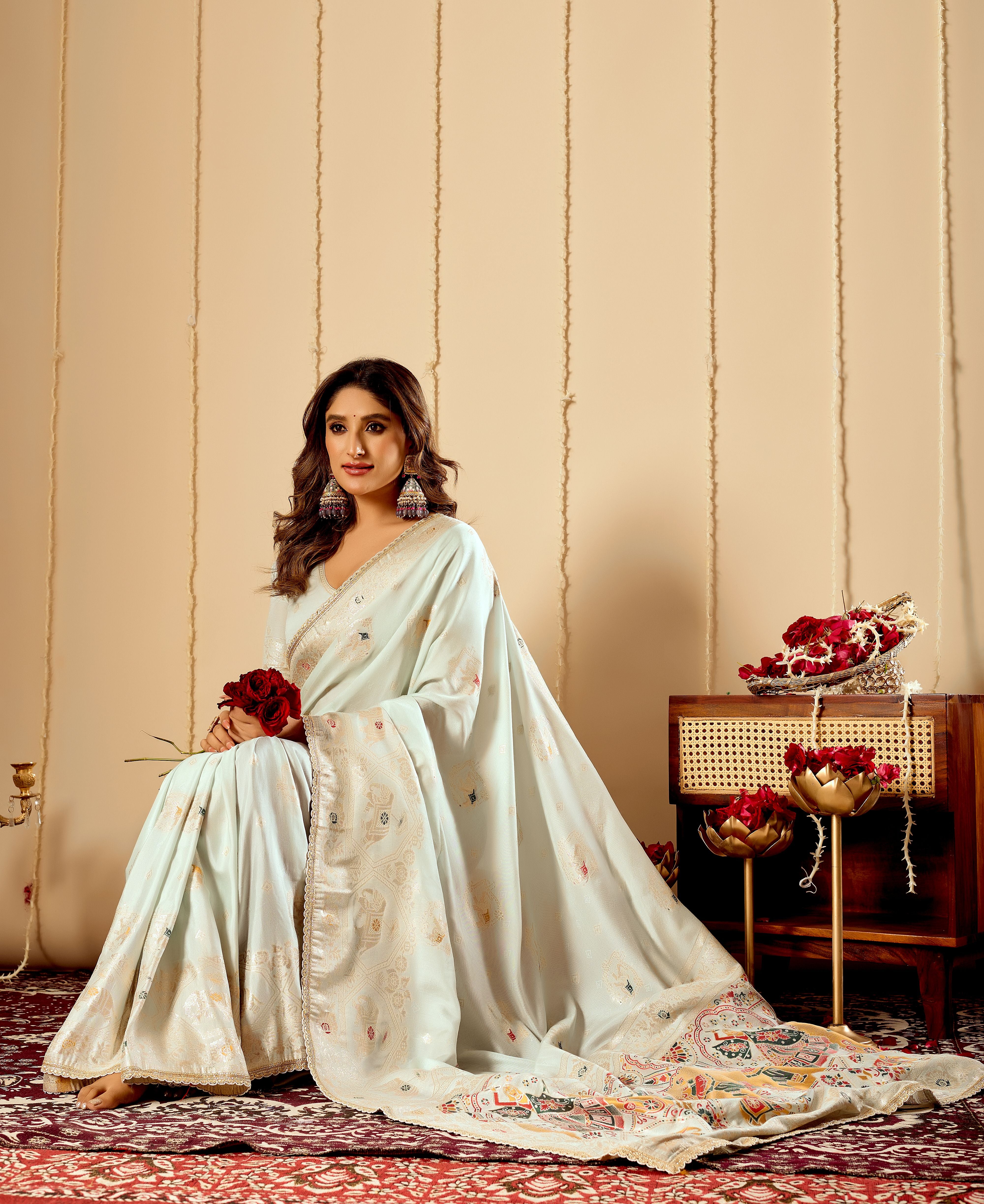 Elegant Mint Ivory  satin  Silk Saree with Subtle Gold Zari Weaving and Traditional Artistic Pallu