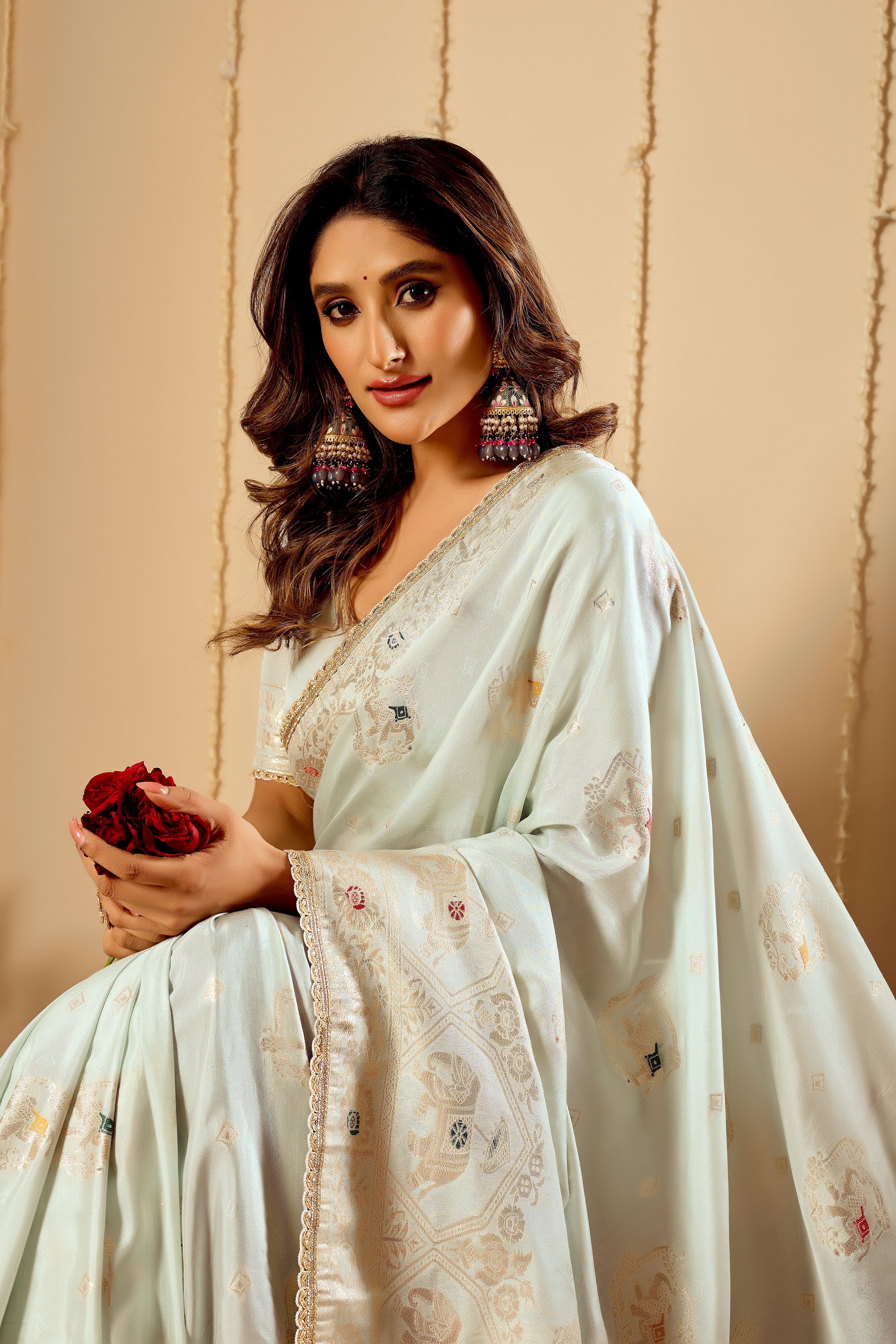 Elegant Mint Ivory  satin  Silk Saree with Subtle Gold Zari Weaving and Traditional Artistic Pallu