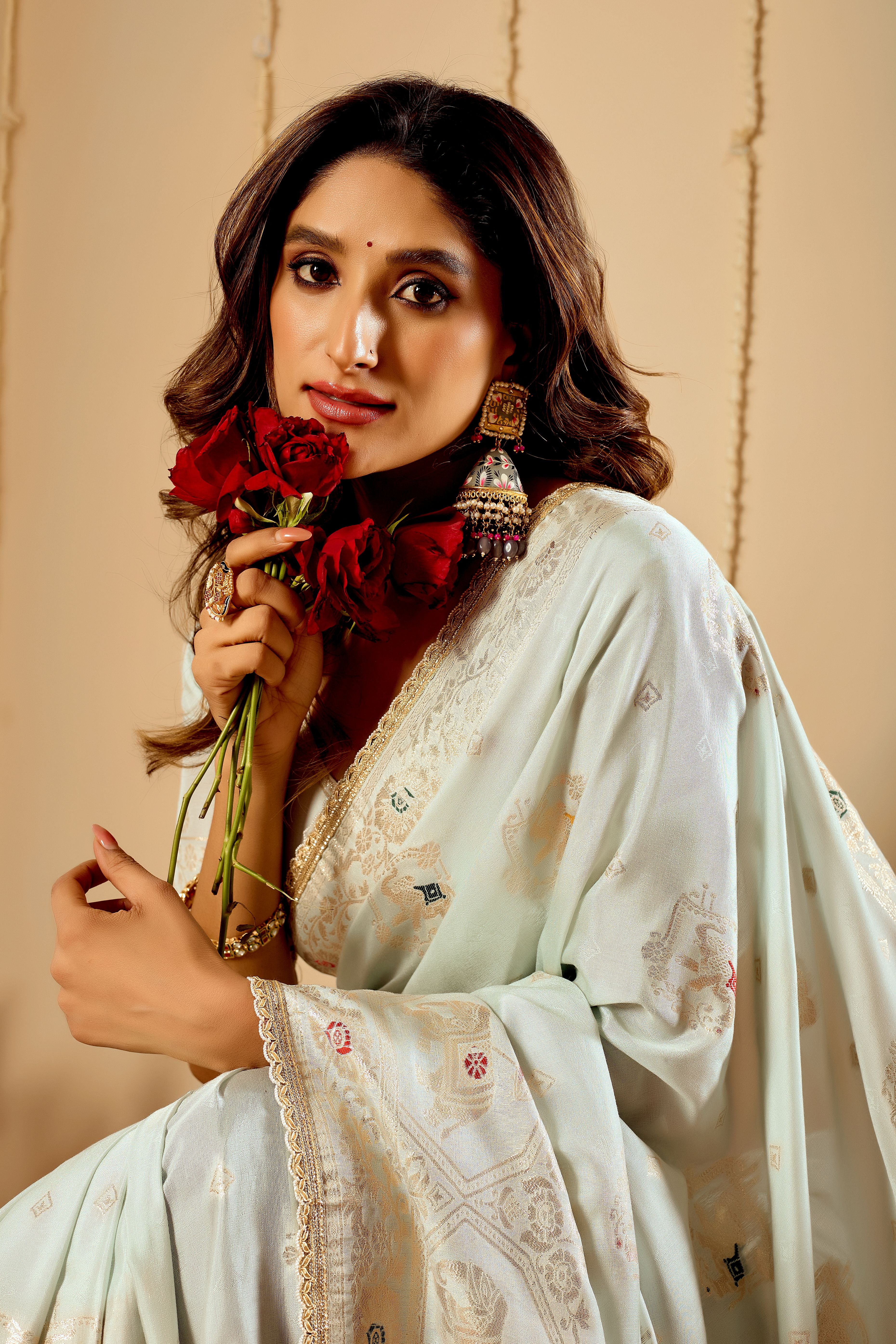 Elegant Mint Ivory  satin  Silk Saree with Subtle Gold Zari Weaving and Traditional Artistic Pallu