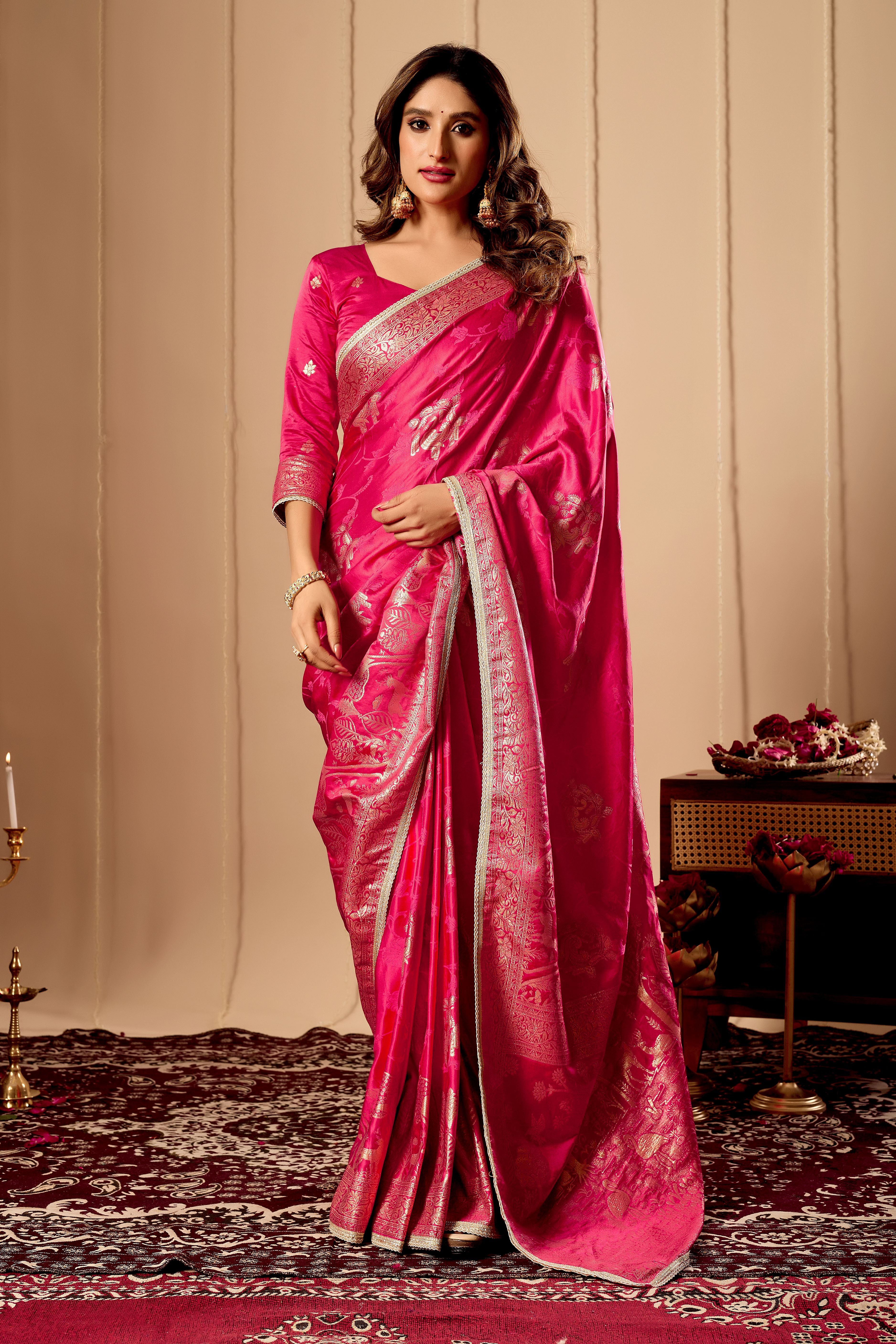 Vibrant Rani Pink  satin Silk Saree with Rich Gold Zari Weaving and Elegant Traditional Motifs