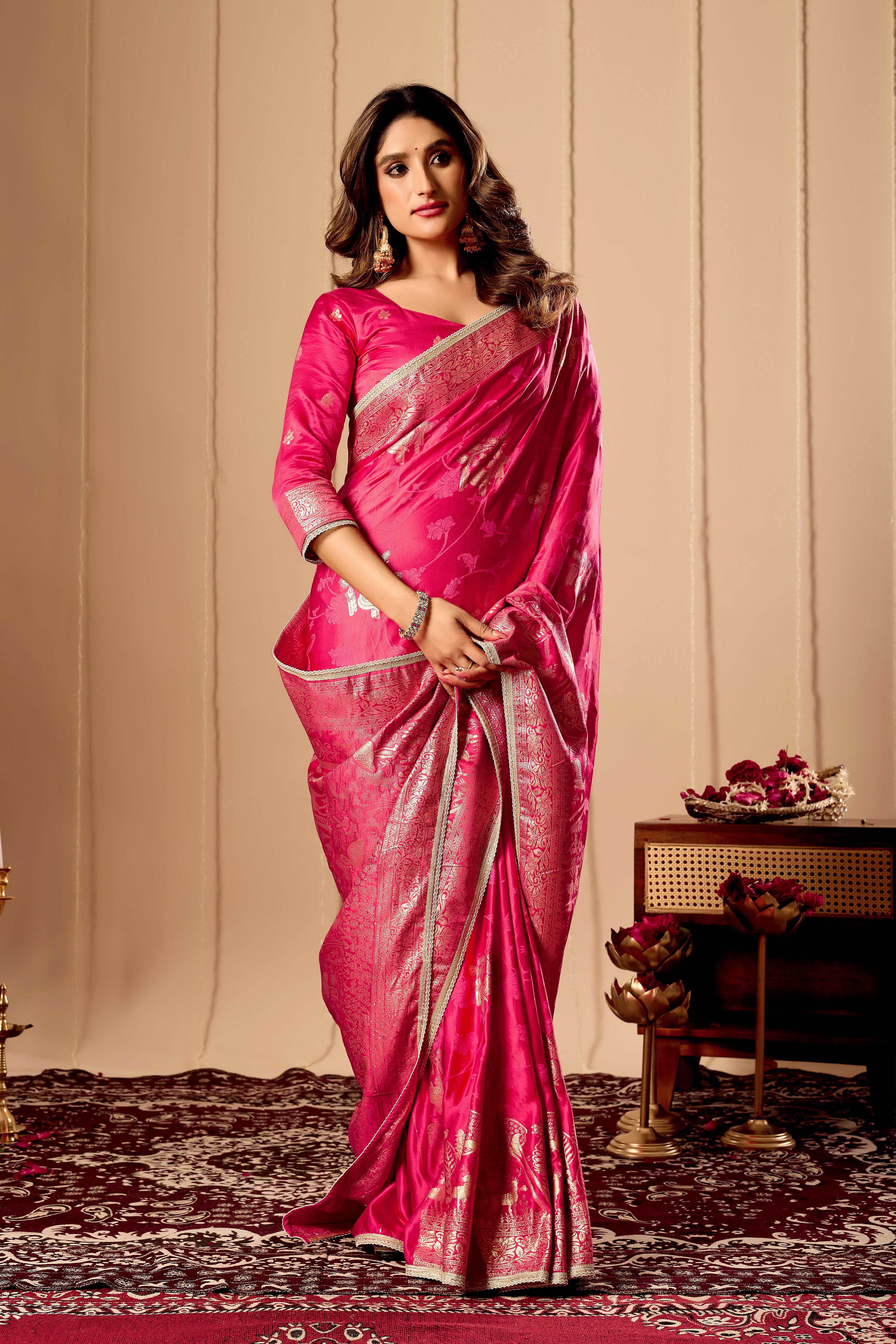 Vibrant Rani Pink  satin Silk Saree with Rich Gold Zari Weaving and Elegant Traditional Motifs