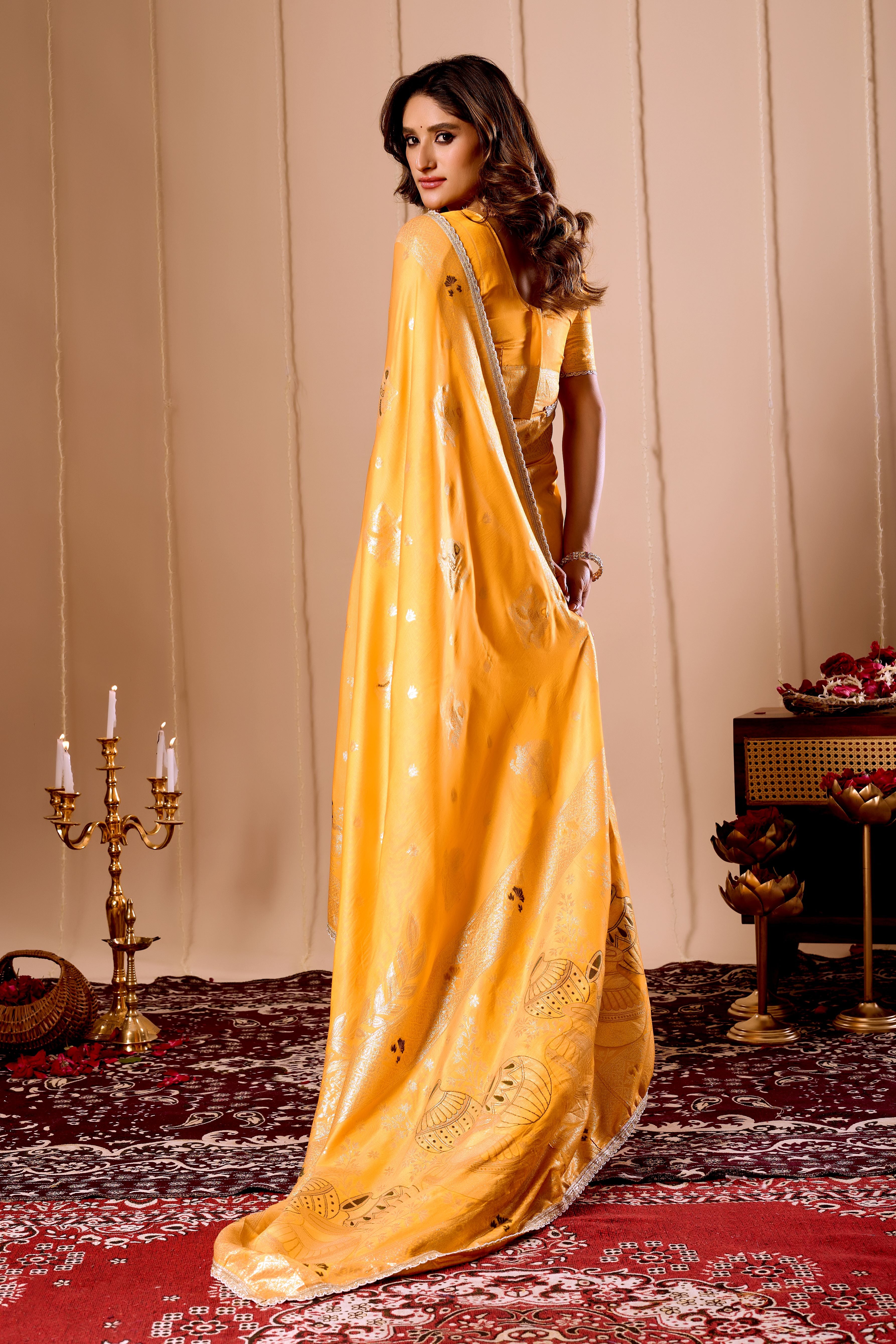 Elegant Mustard Yellow Satin Silk Saree with Intricate Gold Zari Weaving and Traditional Pot Motif Pallu