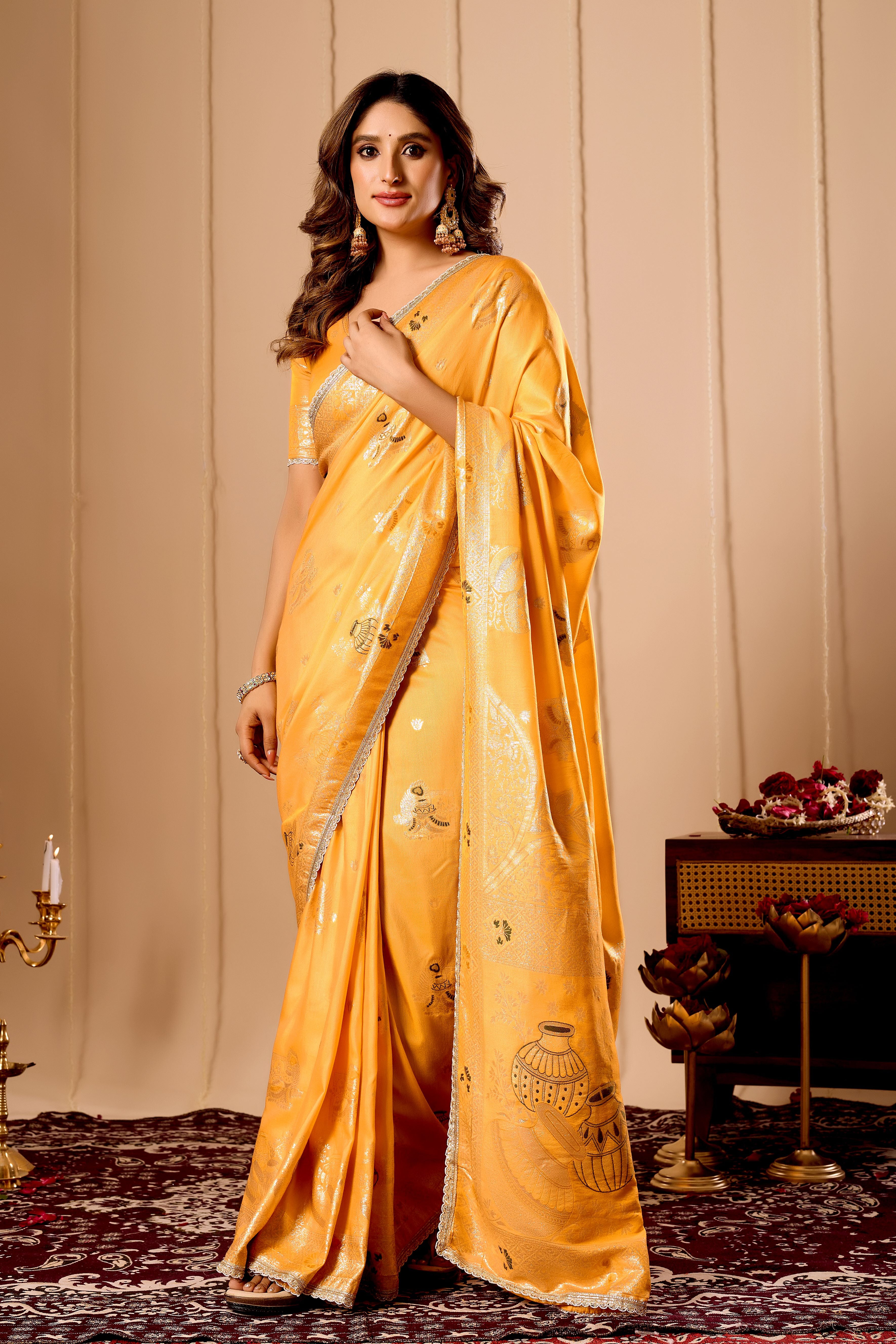 Elegant Mustard Yellow Satin Silk Saree with Intricate Gold Zari Weaving and Traditional Pot Motif Pallu
