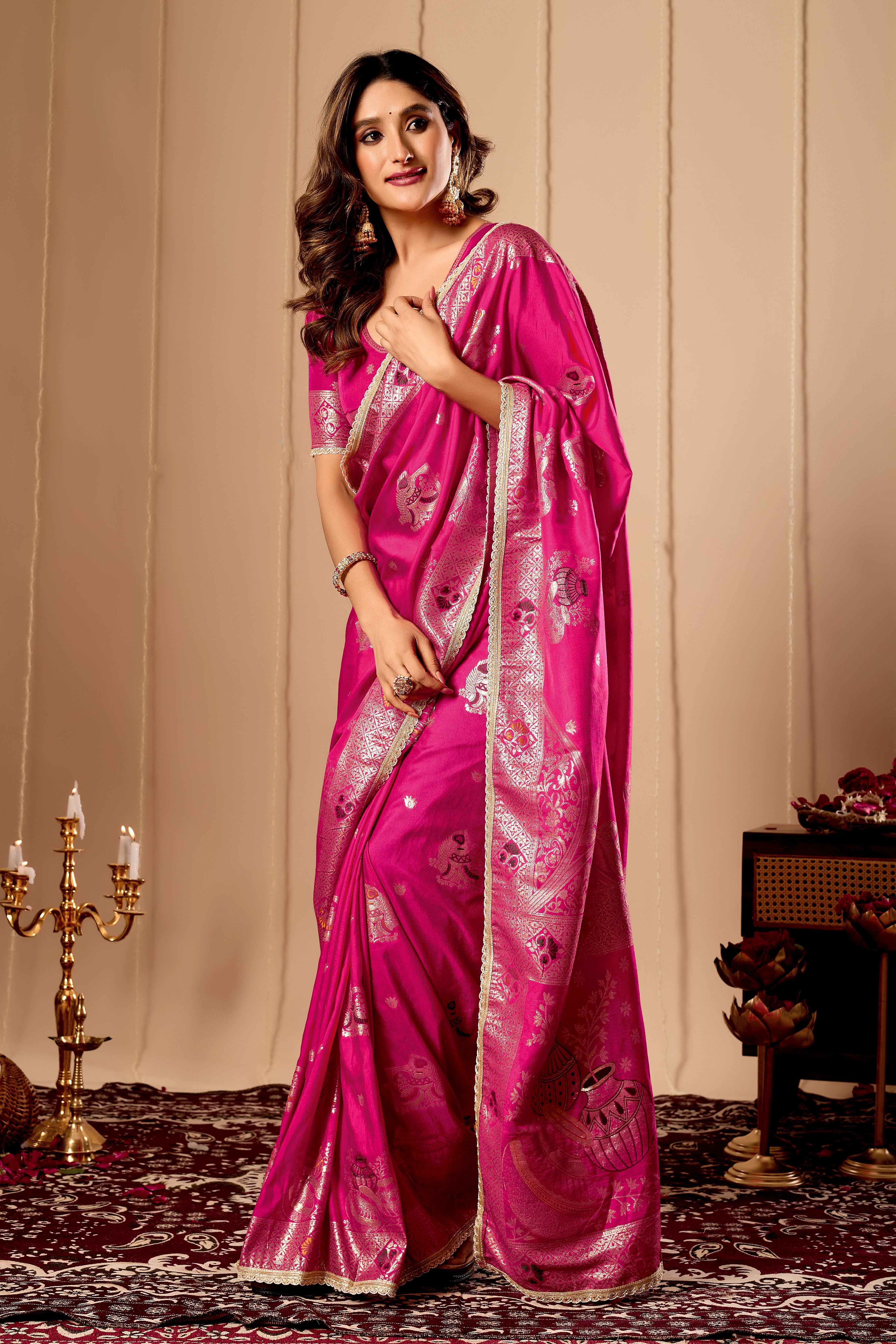Luxurious Fuchsia Pink  Satin Silk Saree with Rich Gold Zari Weaving and Traditional Motif Pallu