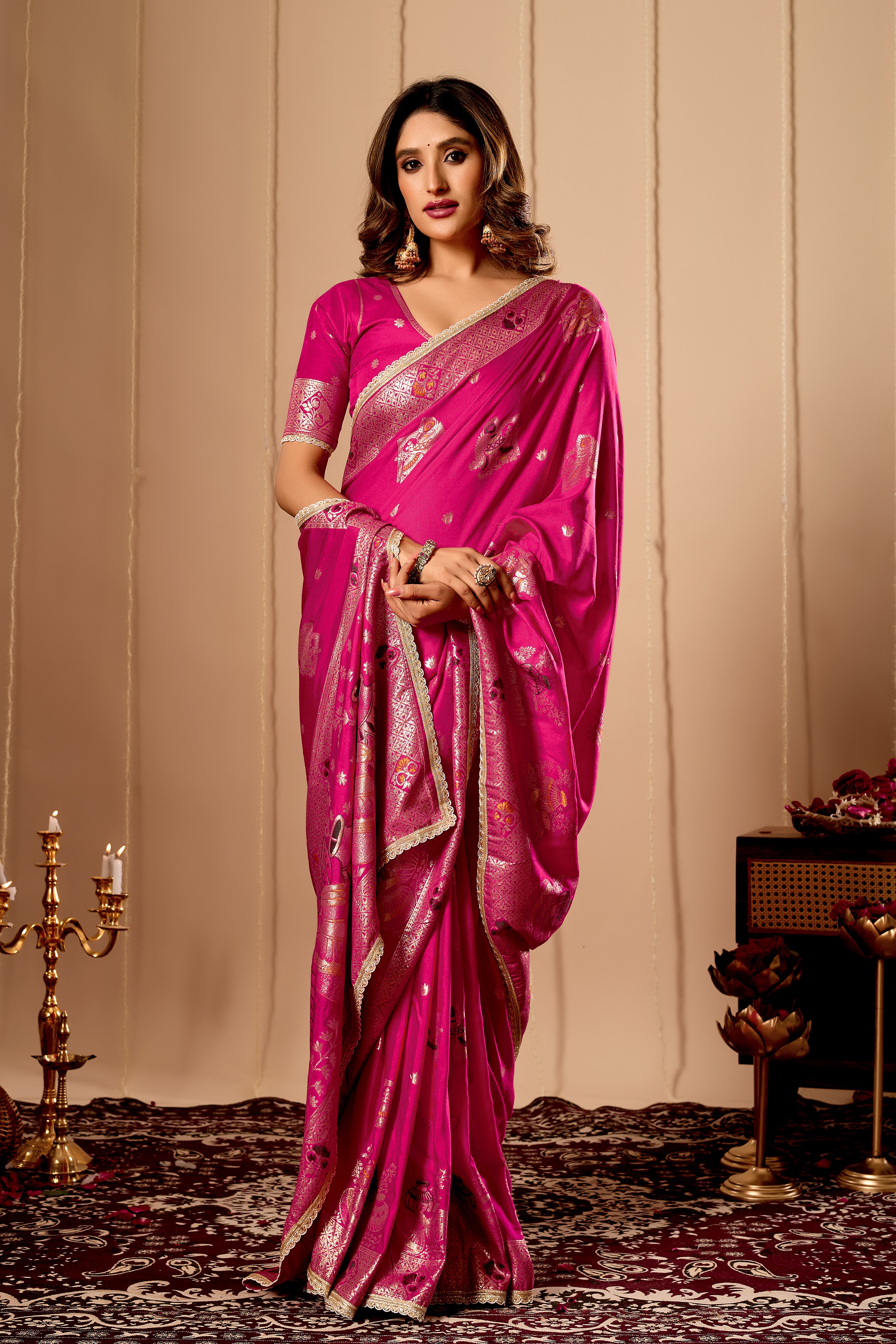 Luxurious Fuchsia Pink  Satin Silk Saree with Rich Gold Zari Weaving and Traditional Motif Pallu