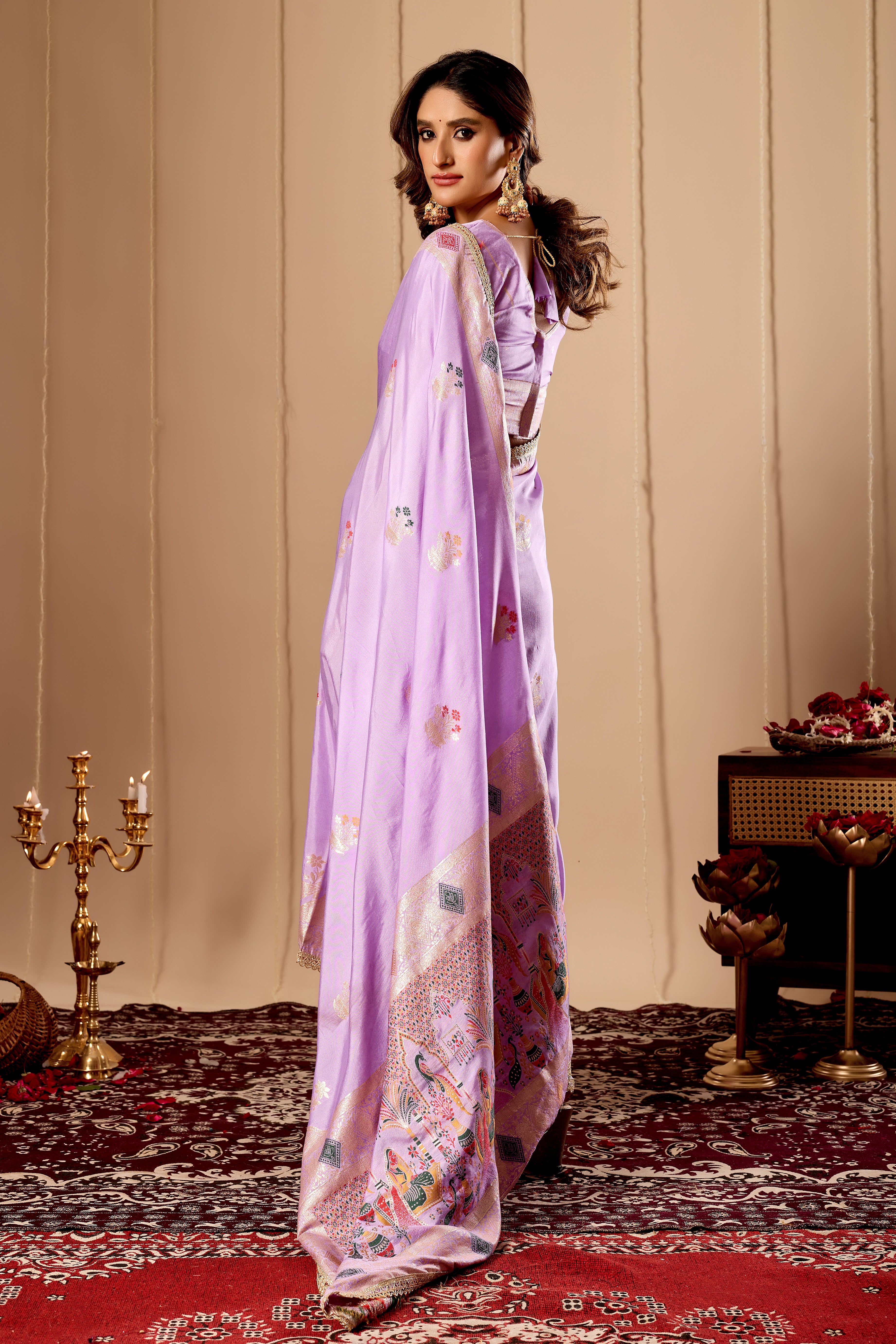 Elegant Lavender Lilac satin  Silk Saree with Soft Gold Zari Weaving and Traditional Artistic Pallu