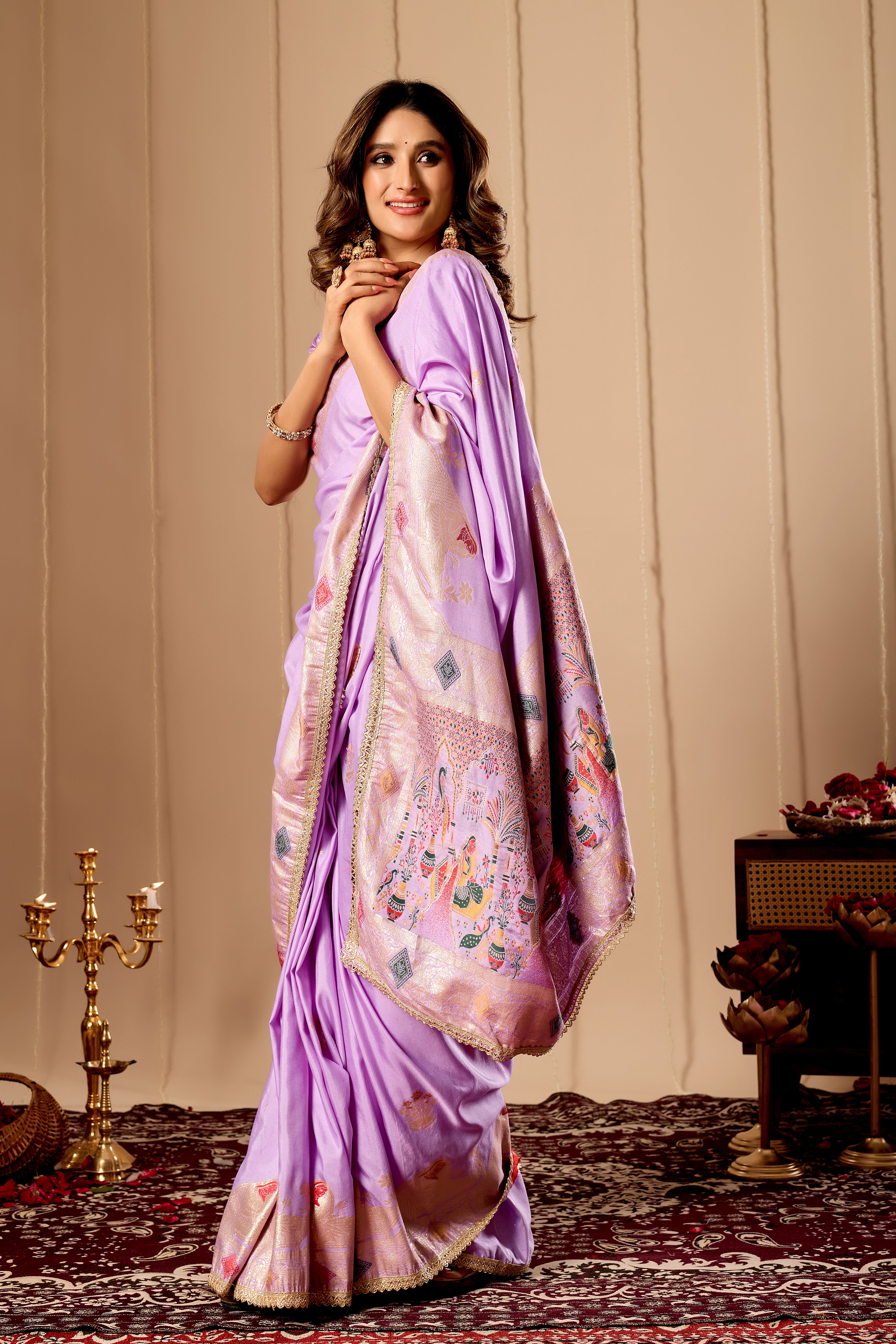 Elegant Lavender Lilac satin  Silk Saree with Soft Gold Zari Weaving and Traditional Artistic Pallu