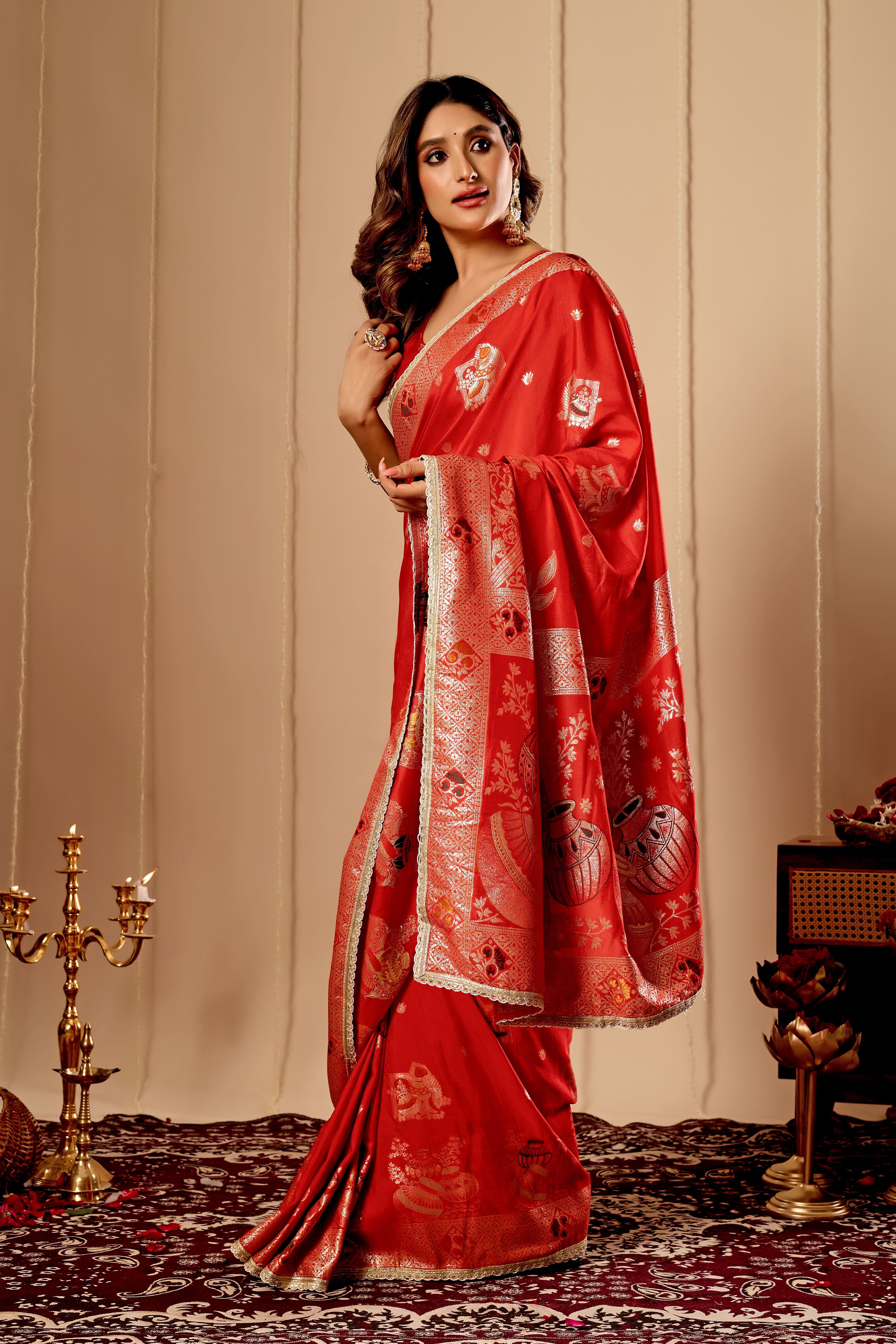Sindoor Red Satin Heritage Silk Saree with Traditional Zari Motifs